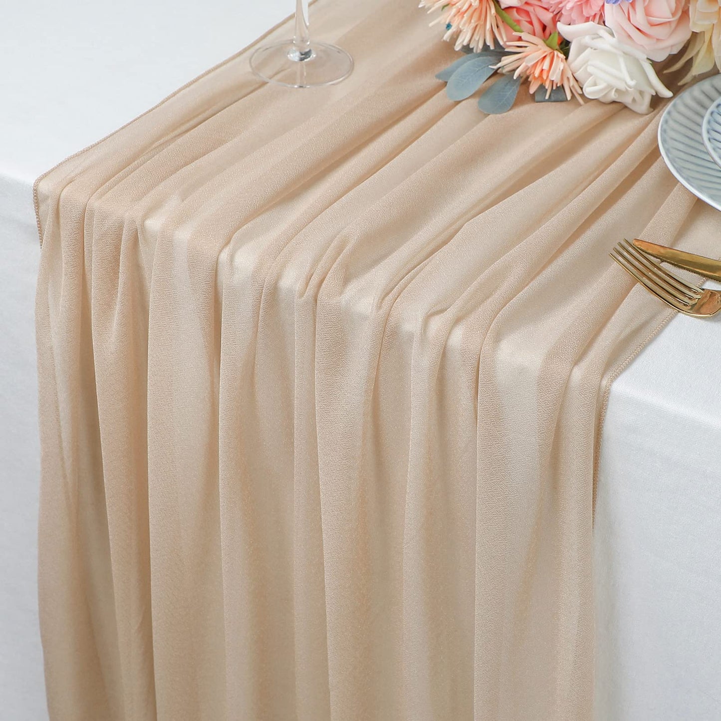 WELTRXE 10 Pack Champagne Chiffon Table Runner 30x120 Inches Romantic Sheer Wedding Table Runner Glitter Brown Tulle Fabric Party Table Decorations for Wedding, Birthday Party, Bridal & Baby Shower