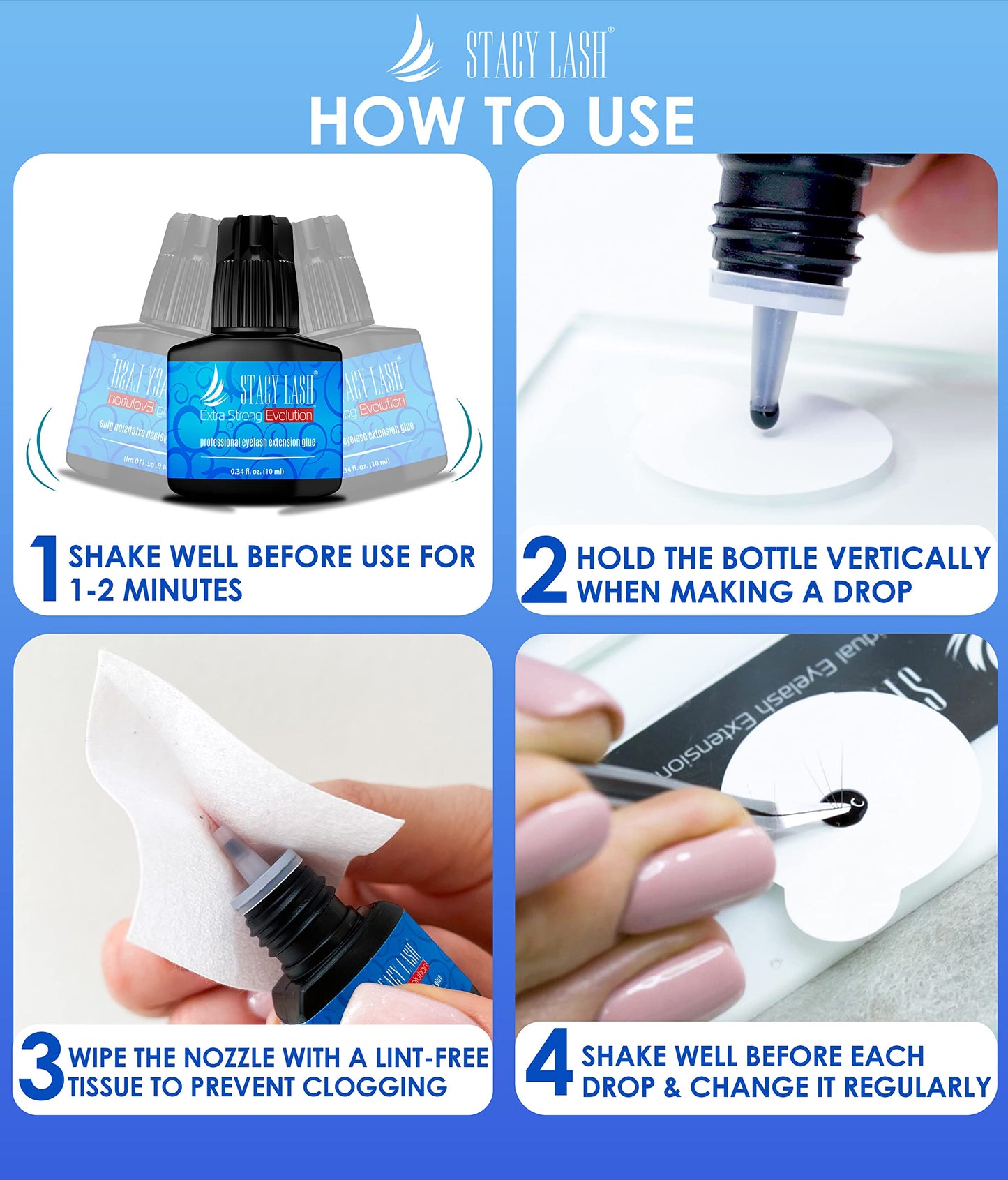 Extra Strong Evolution Eyelash Extension Glue Stacy Lash (0.34 fl.oz/10 ml)/1-2 Sec Dry/Retention – 8 Weeks/Professional Supplies/Black Adhesive