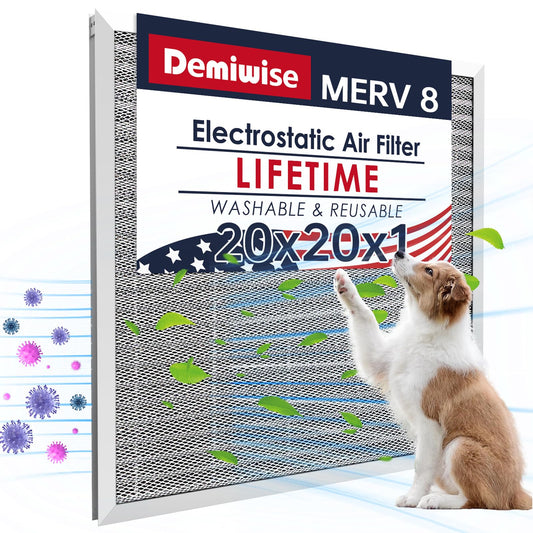 Demiwise 20x20x1 Air Filter for Home, MERV 8 Reusable Electrostatic Aluminum AC/HVAC Furnace Filter, Washable Permanent Air Filter, Easy to Clean, Healthier Home/Office(Actual Size:19.75x19.75x0.82)