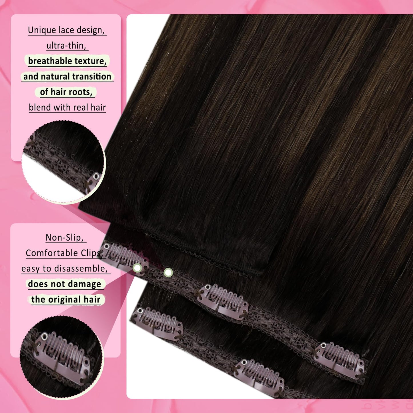 YoungSee Clip in Hair Extensions Human Hair Blayage Clip in Hair Extensions Real Human Hair Dark Brown Mix Medium Brown Highlights Brown Balayage Straight Hair Extensions Clip ins 18In 120G 7Pcs