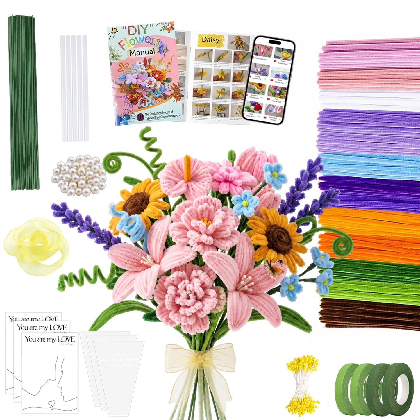 800 PCS Pipe Cleaner Flower Kit, DIY Pipe Cleaners Bulk Craft Bouquet Making Kit with 13 Colors Chenille Stems, Floral Wires, Stamen, Ribbon, Instruction, Art and Craft Supplies