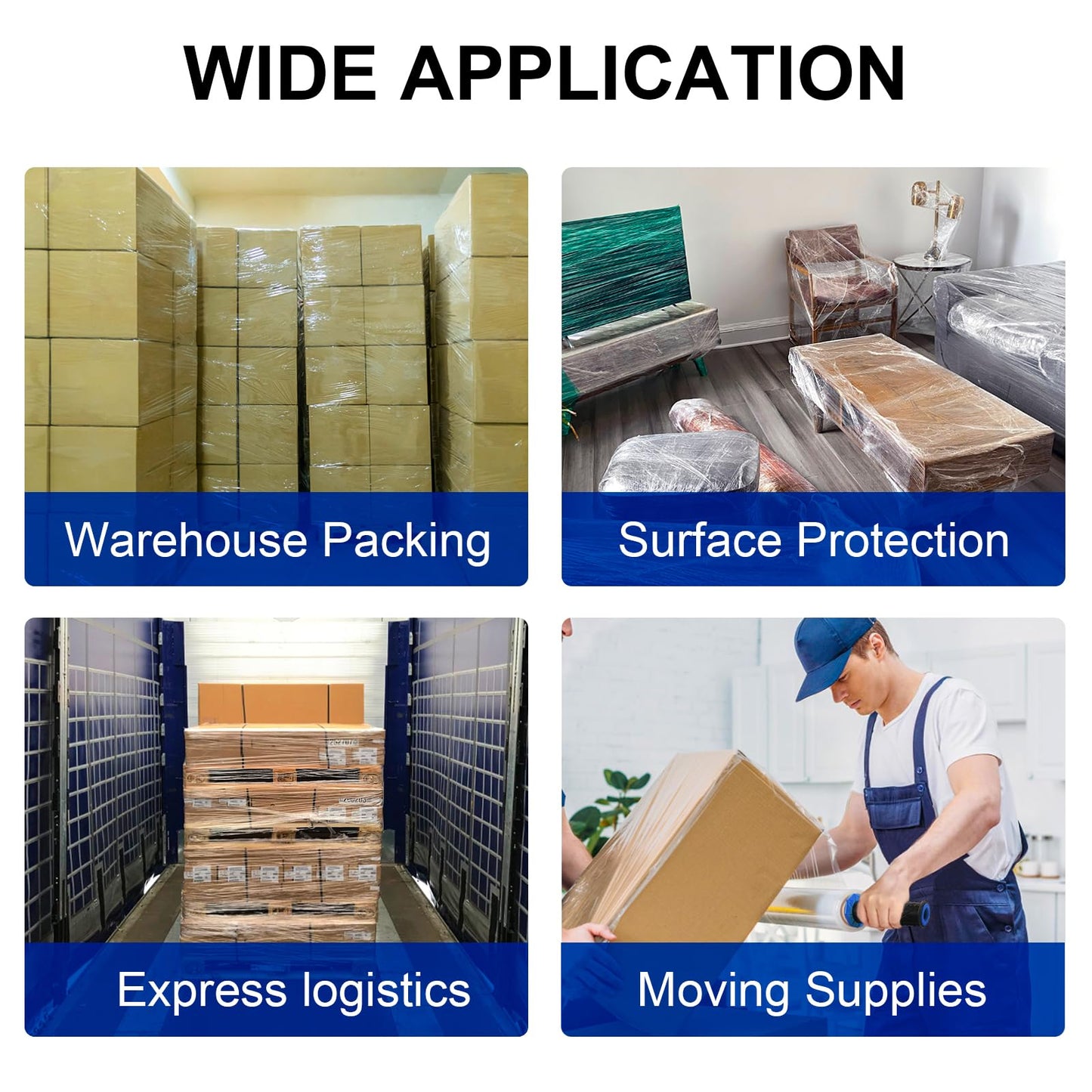 Stretch Film, RAZCC Stretch Wrap Industrial Strength, Shrink Wrap for Pallet Wrap, Heavy Duty Clear Plastic Wrap with Handles, Moving Wrapping Plastic Roll, 15" x 1000 Ft Per Roll, 60 Gauge, 4 Pack