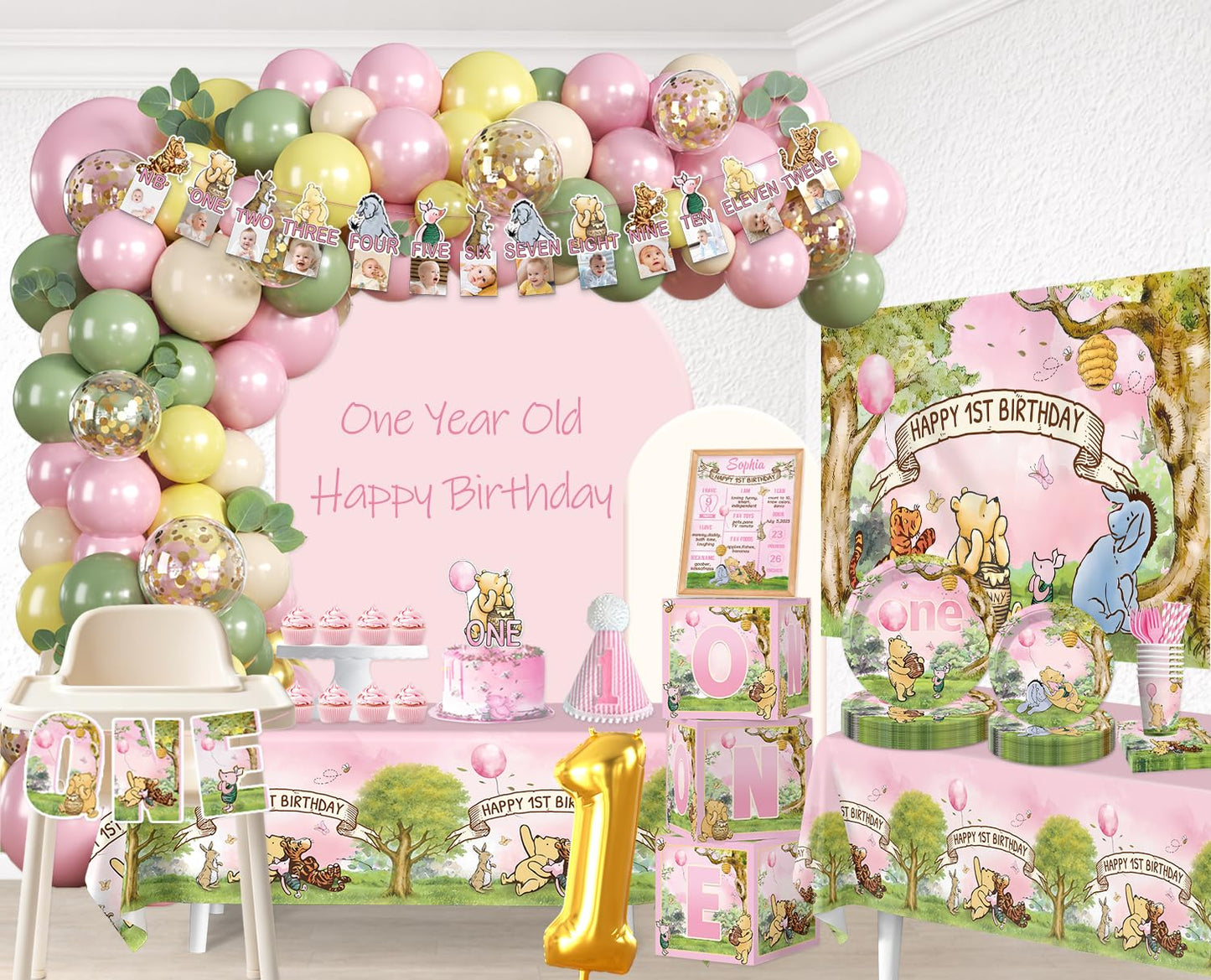 Fexivo 273 PCS Bear 1st Birthday Decorations, All-in-One Baby Girl 1st Birthday Decorations Set with Plates, Napkins, Serves 25, 2 Tablecloths, Balloon Arch, Backdrop & Banner, Pink