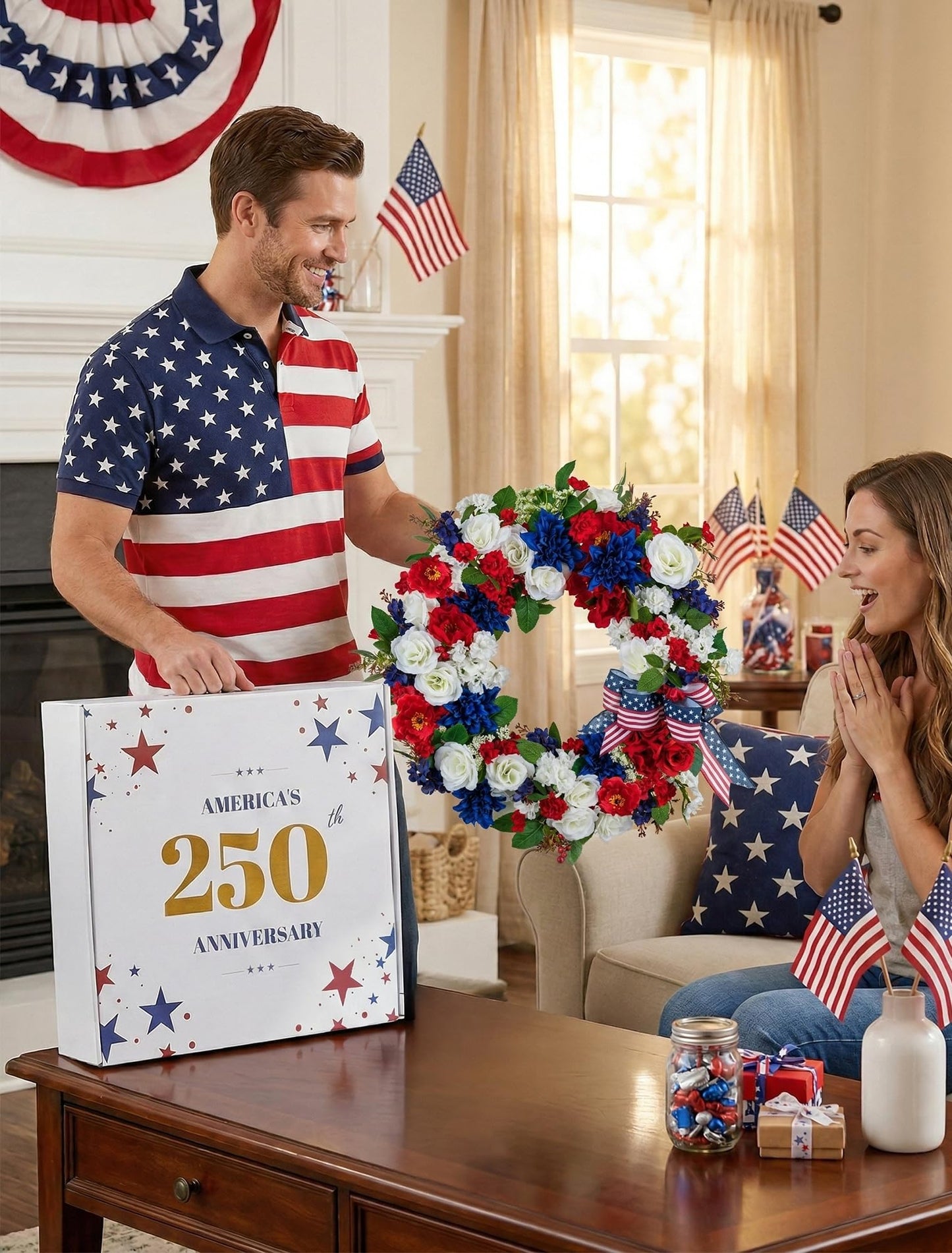 BLOSMON 4th of July Patriotic Wreath: Front Door 24 Inch Red White and Blue Wreaths 250 Anniversary USA Outdoor Decorations - Fourth of July America Summer Wreath with Hanger for Home Party Gift