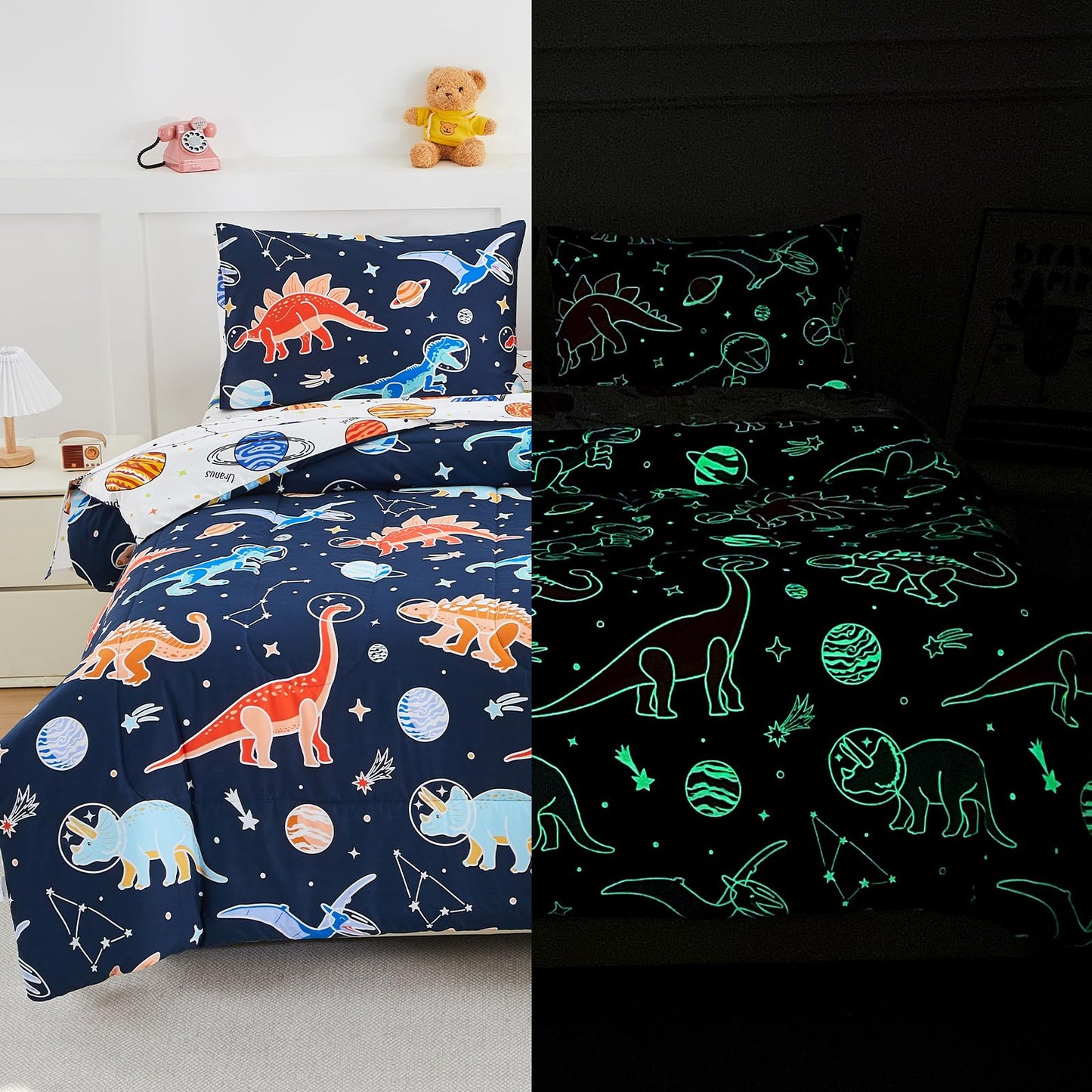 NTBED Dinosaur Kids Comforter Set Twin Size 5 Pieces Bed in A Bag for Boys Girls Glow in The Dark Space Planet Bedding Sets with Sheet