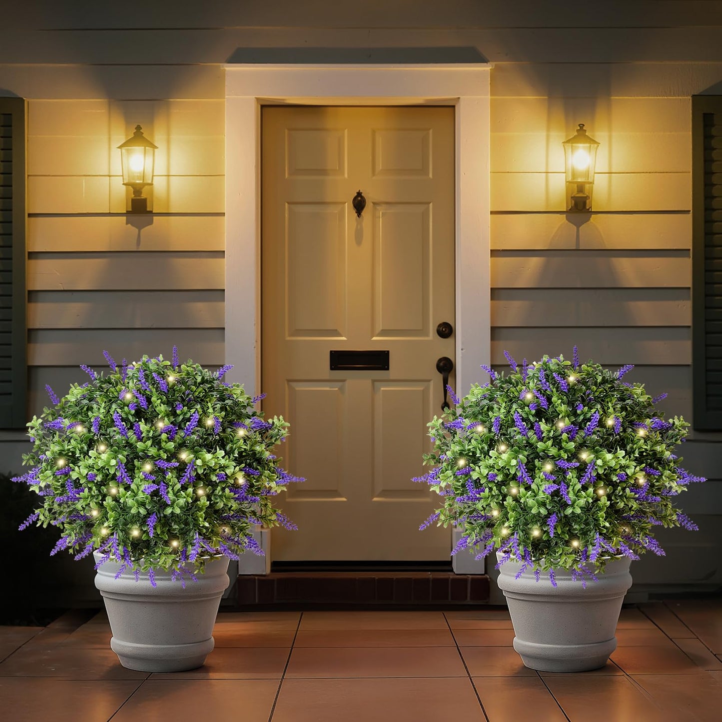 Lewondr Artificial Lavender Boxwood Topiary Ball with LED Lights, 23.6'' Artificial Shrub Bushes with Ground Spike, UV Resistant Faux Greenery Shrubs, Fake Plants for Indoor Outdoor Garden Patio Decor