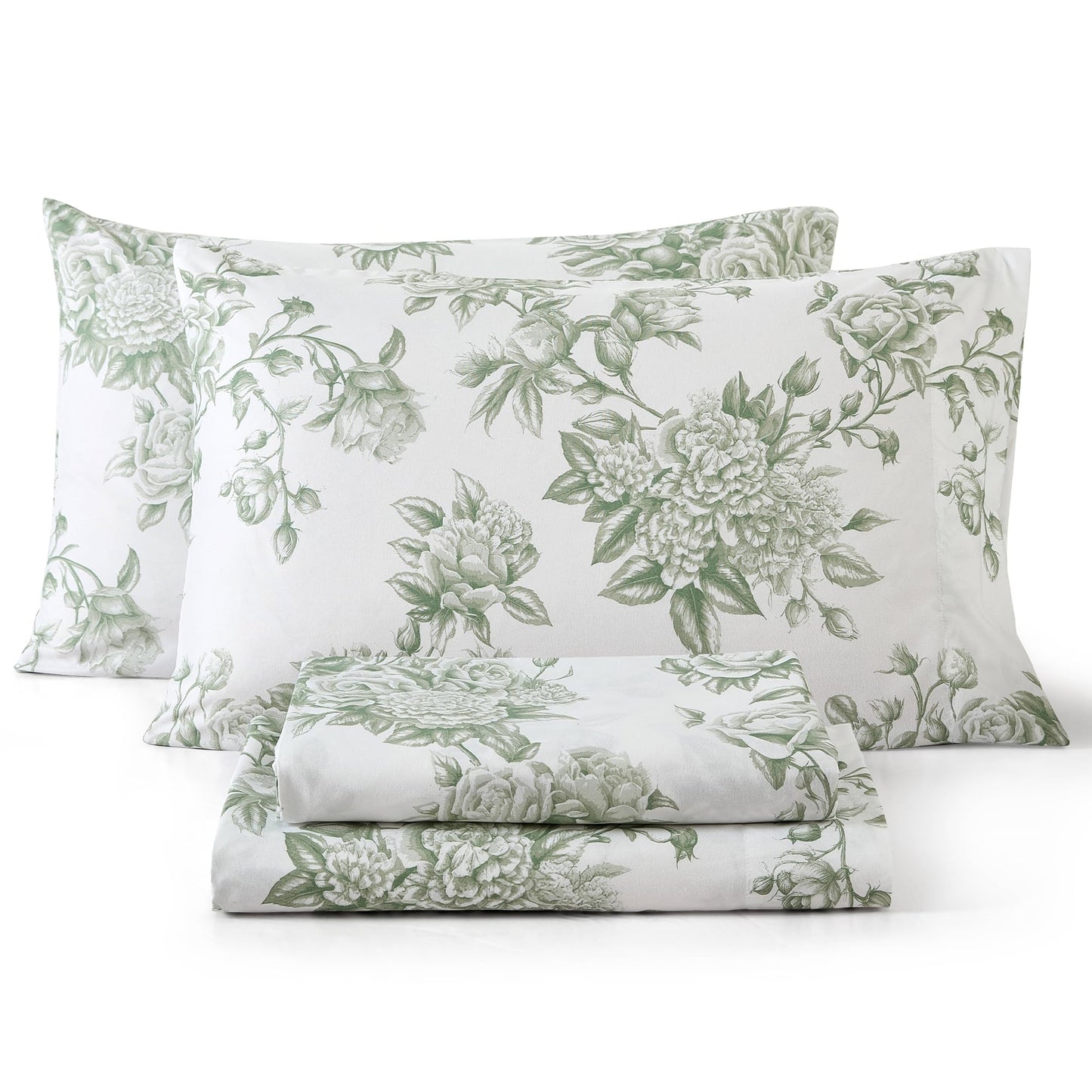 HLC.ME Rose Toile Floral Bed Sheets - 4 Piece Bed Sheet Set - Wrinkle Resistant & Ultra Soft - Fits Mattresses up to 15 Inches Deep (Queen, Sage Green)