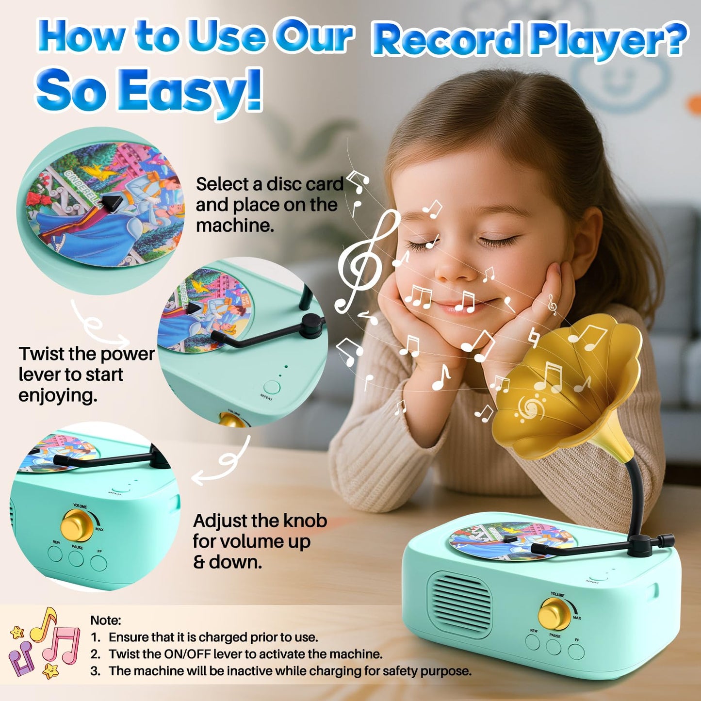 yimido Kids Phonograph Toddler Record Player， with 96 Learning Cards, Early Education Machine Record Player Music Box Storyteller pop Speakers, Gift for Boys and Girls