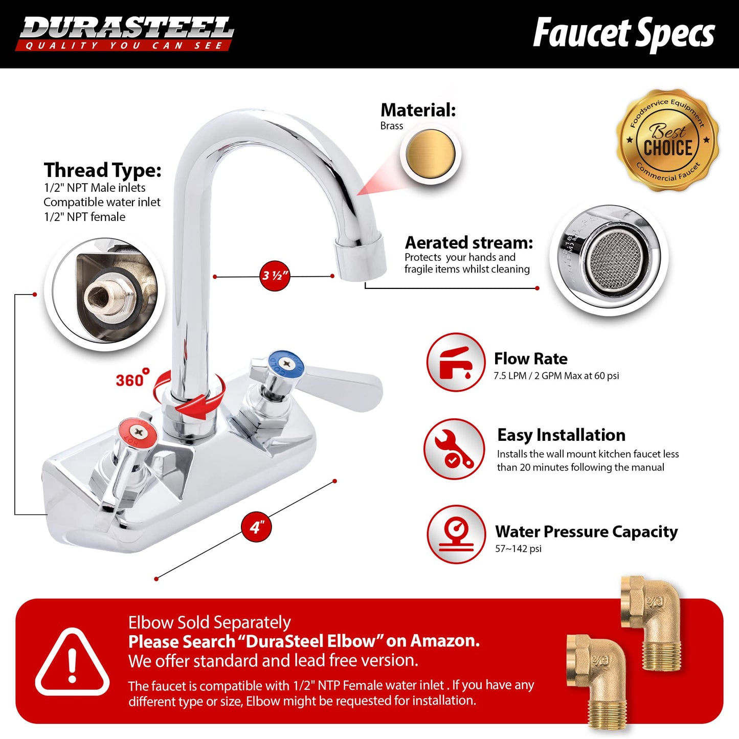 DuraSteel Commercial Hand Sink Faucet - 4 Inch Center Wall Mount Handwash Sink Faucet with 3-1/2" Gooseneck Spout - CEC Certified Saving Water - Dual Swing