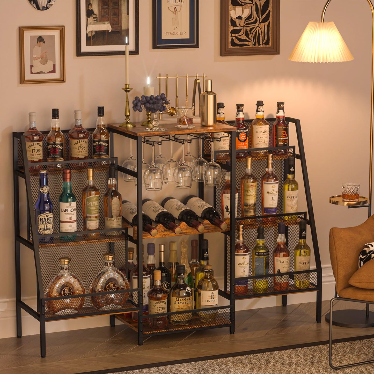 Hayexiha 6-Tier (Safe Height for Kids & Pets) Freestanding Wine Rack with Glass Holders & Fences, Large Bar Cabinet for Home, Liquor Stand for Wine Bottles, Christmas & Holiday Party Wine Shelf
