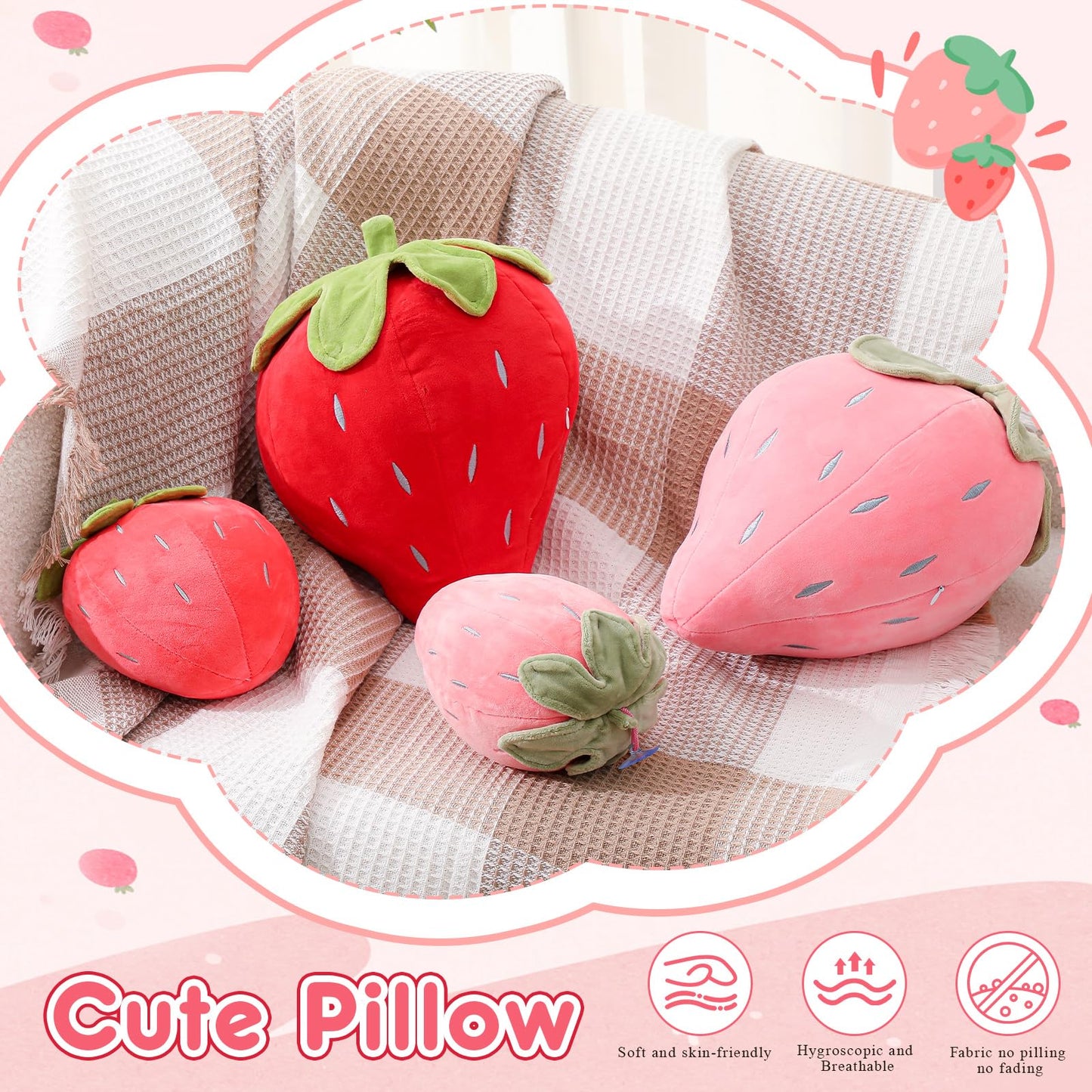 Juexica 2 Pcs Strawberry Pillow 15.7 Inch 9.8 Inch, Fruit Plush Pillow, Soft Kawaii Strawberry Bedroom Decor, Birthday Gifts for Women, Aesthetic Cute Berry Decor(Red，Pink)