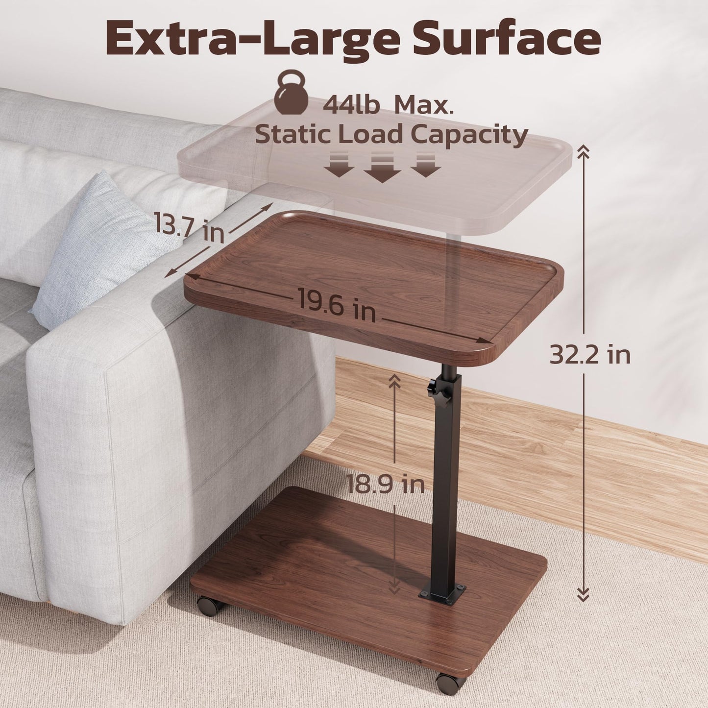 Large Size C Table End Table, Adjustable Height 360°Swivel TV Tray Table for Small Spaces, Couch Tables that Slide Under, C Shaped Side Tables for Couch,TV Dinner, Living Room and Bedroom (Walnut)