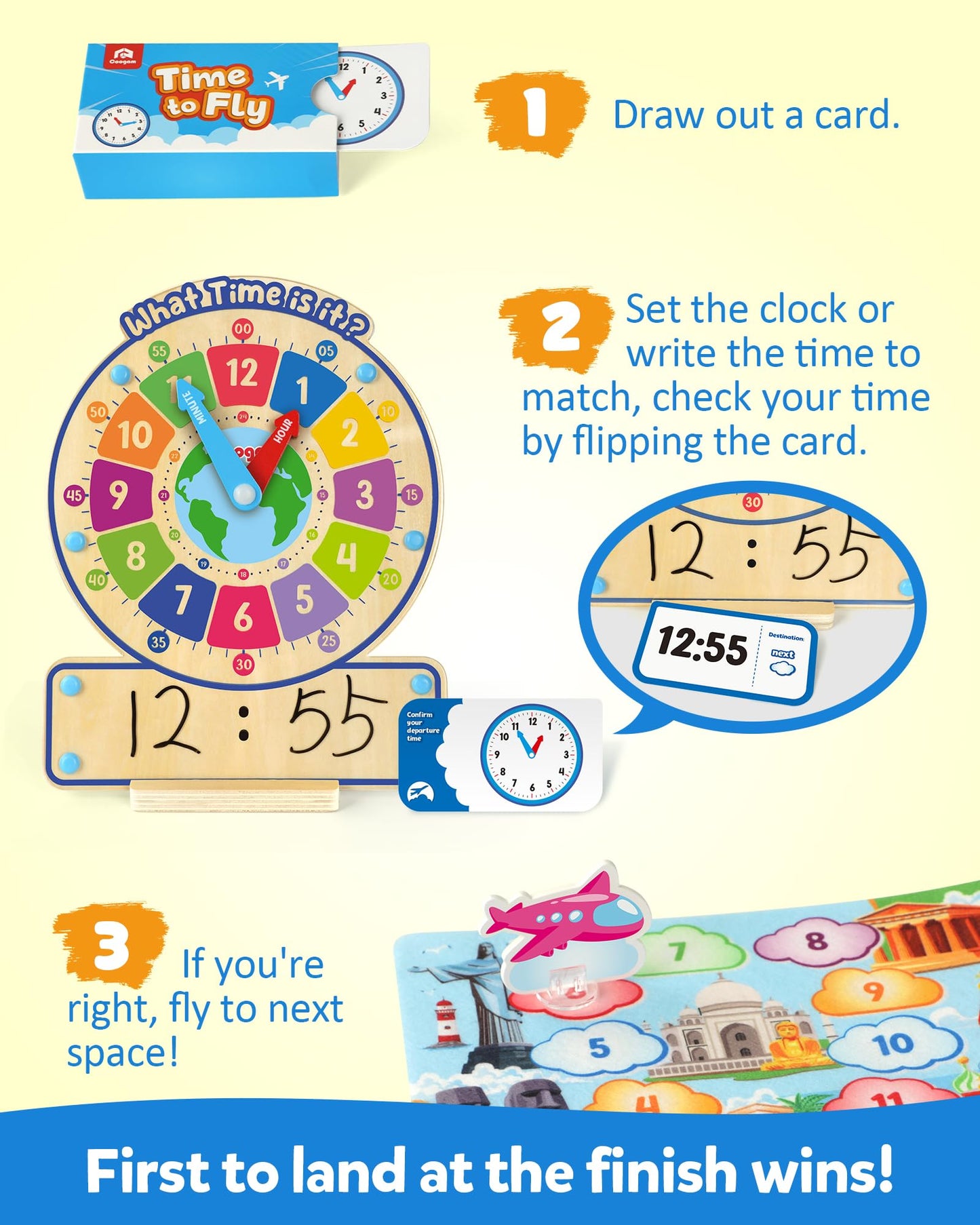 Coogam Wooden Clock Teaching Time Toy, Analog Digital Clock with Fly-Telling Board Game, Learning Educational Toy for 3 4 5 Year Old Homeschool Classroom Kids