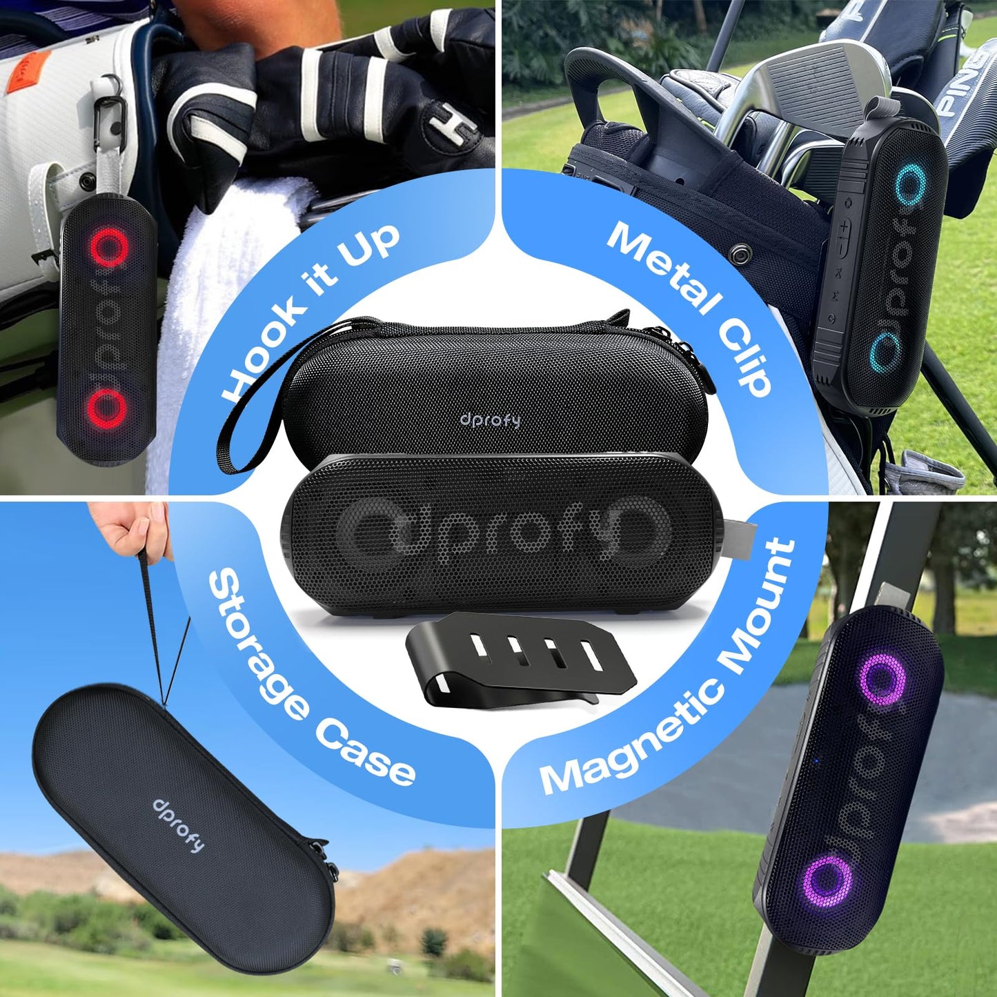 Dprofy New Play 2 Rounds of Golf, Magnetic Bluetooth Golf Speaker Golf Cart Speaker, Stereo Sound Portable Pro Wireless Waterproof Speaker with Rich Bass, Golf Accessories Golf Gifts (with Light)
