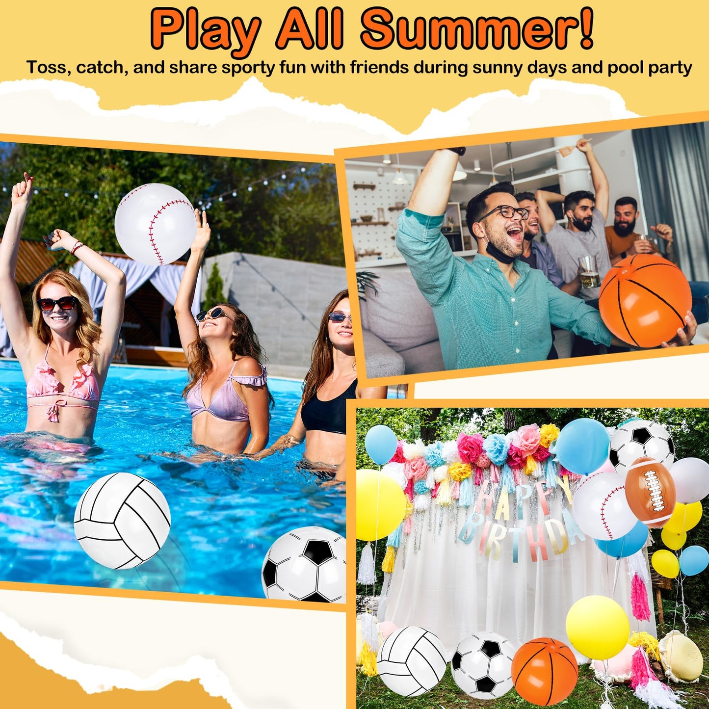 40 Pieces Inflatable Sports Beach Balls, 8 in Inflatable Ball Basketball, Baseball, Football, Soccer, Volleyball Beach Balls for Summer Pool Game Sports Themed Party Decorations Birthday Party Favors