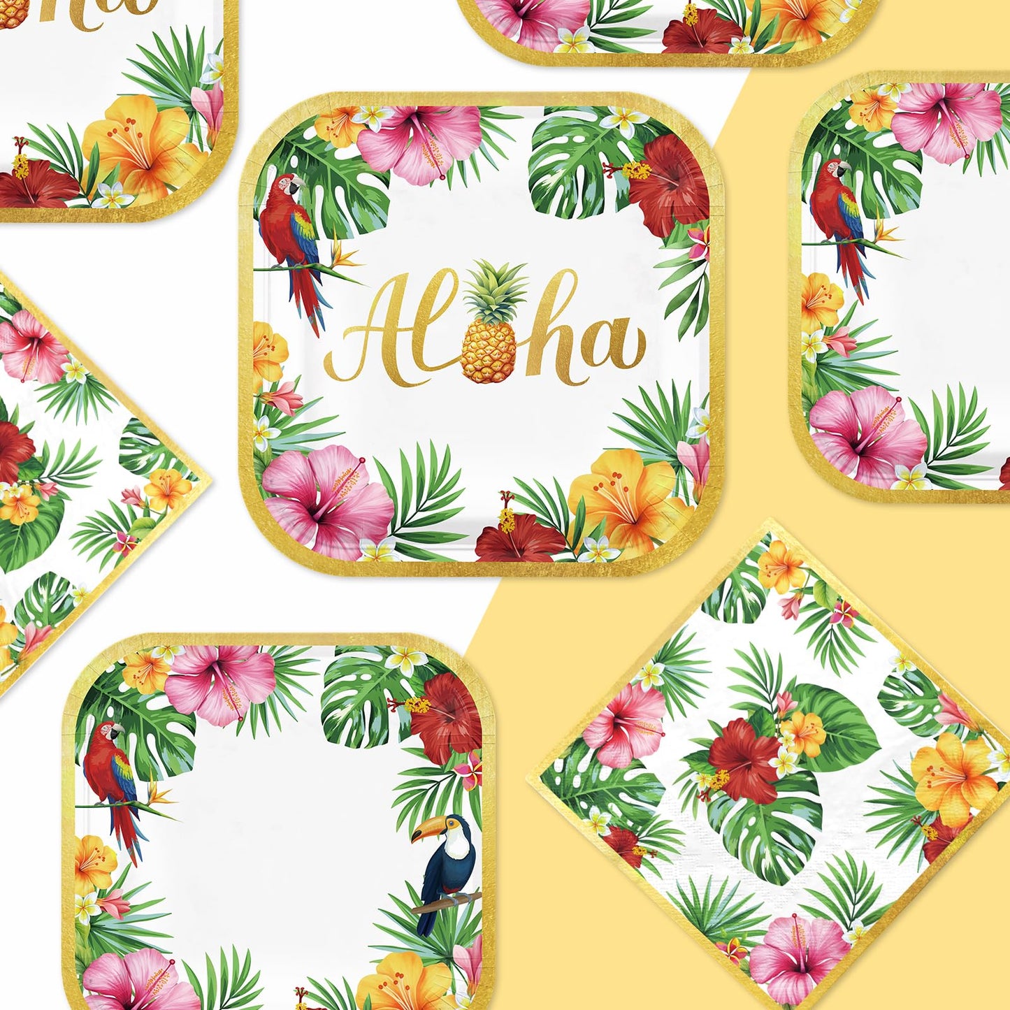 200Pcs Hawaiian Luau Party Decorations Aloha Tropical Hibiscus Floral Luau Plates and Napkins Hawaii Palm Leaf Tableware Set for Summer Hawaiian Graduation Birthday BBQ Beach Party Supplies Serve 50