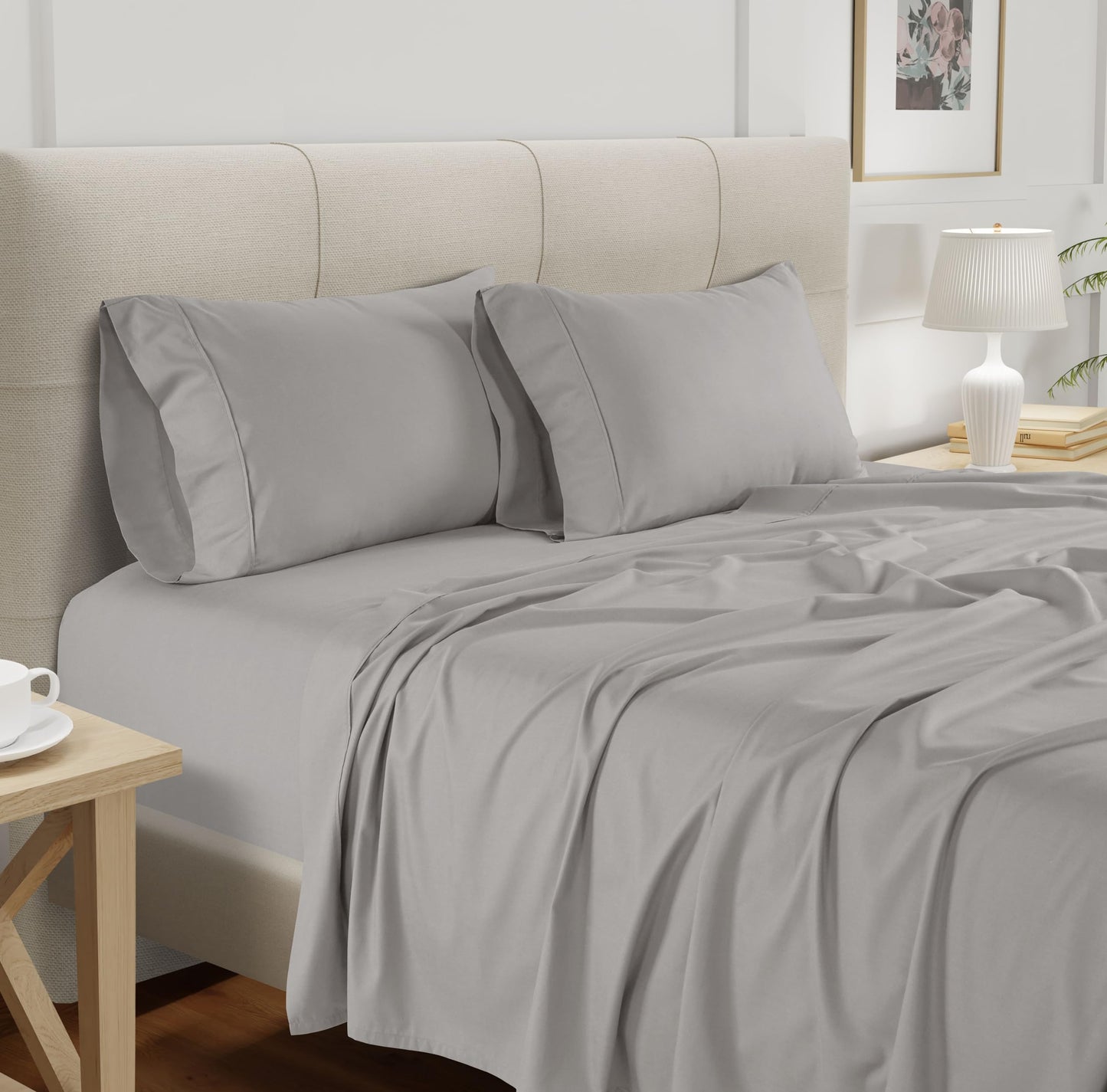 CHATEAU HOME COLLECTION Tencel Cotton Sheet Set, Soft, Breathable 300 Thread Count Oeko-TEX Certified King Bed Sheets, Cooling Sheets, Fits Mattresses Upto 17"- Silver