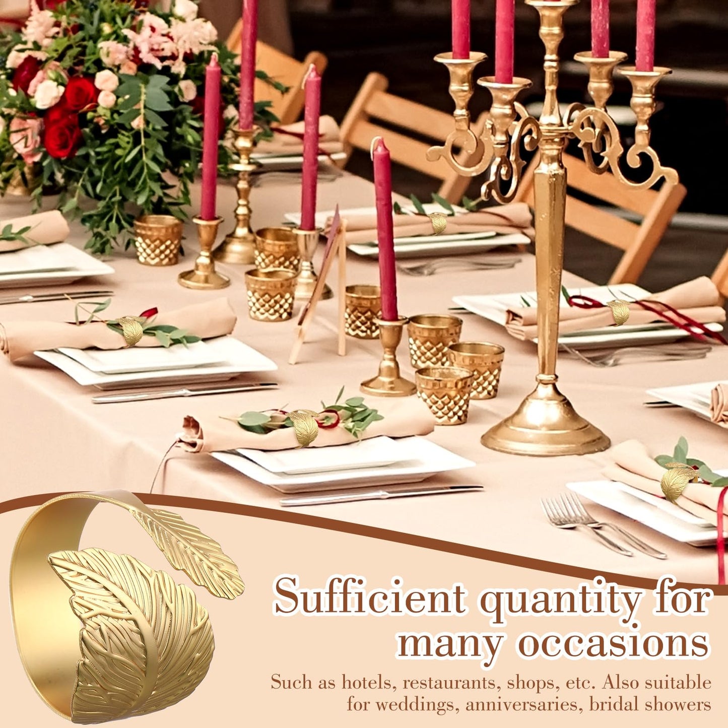 Bokon 100 Pcs Gold Napkin Rings for Wedding Shiny Metal Napkin Holder Study Leaf Shaped Table Decor for Dinner Parties Celebrations Receptions Thanksgiving Easter Christmas