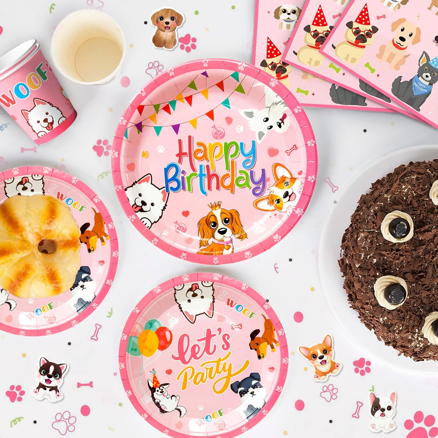 Pink Puppy Birthday Decorations Tableware for 16 Guests, Pink Puppy Plates Cups Napkins Dog Party Banner Balloons Cupcake Toppers etc Dog Birthday Party Supplies