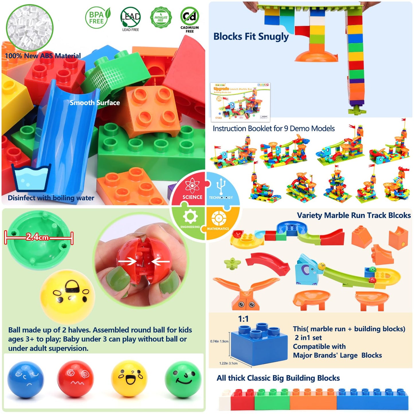 COUOMOXA 130 Pcs Launch Marble Run Building Blocks Classic Big Blocks STEM Toys Bricks Set Kids Race Track Compatible with All Major Brands Montessori Learn Resource Gift for Boys Girls Toddler Age 3+