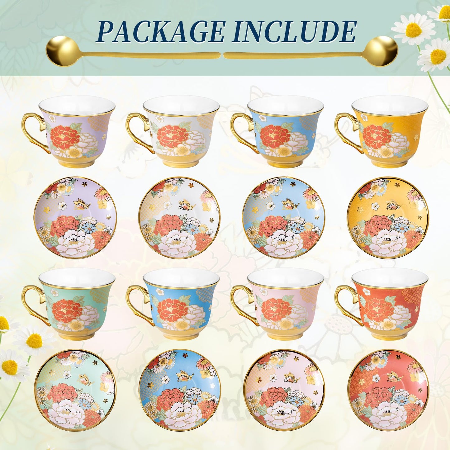 XRBEOU 8 Set Tea Cups and Saucers, 8 OZ Floral Porcelain Cup and Saucers Set for Latte Cappuccino Espresso Mocha Afternoon Tea Birthday Wedding Party Supply Christmas Gift