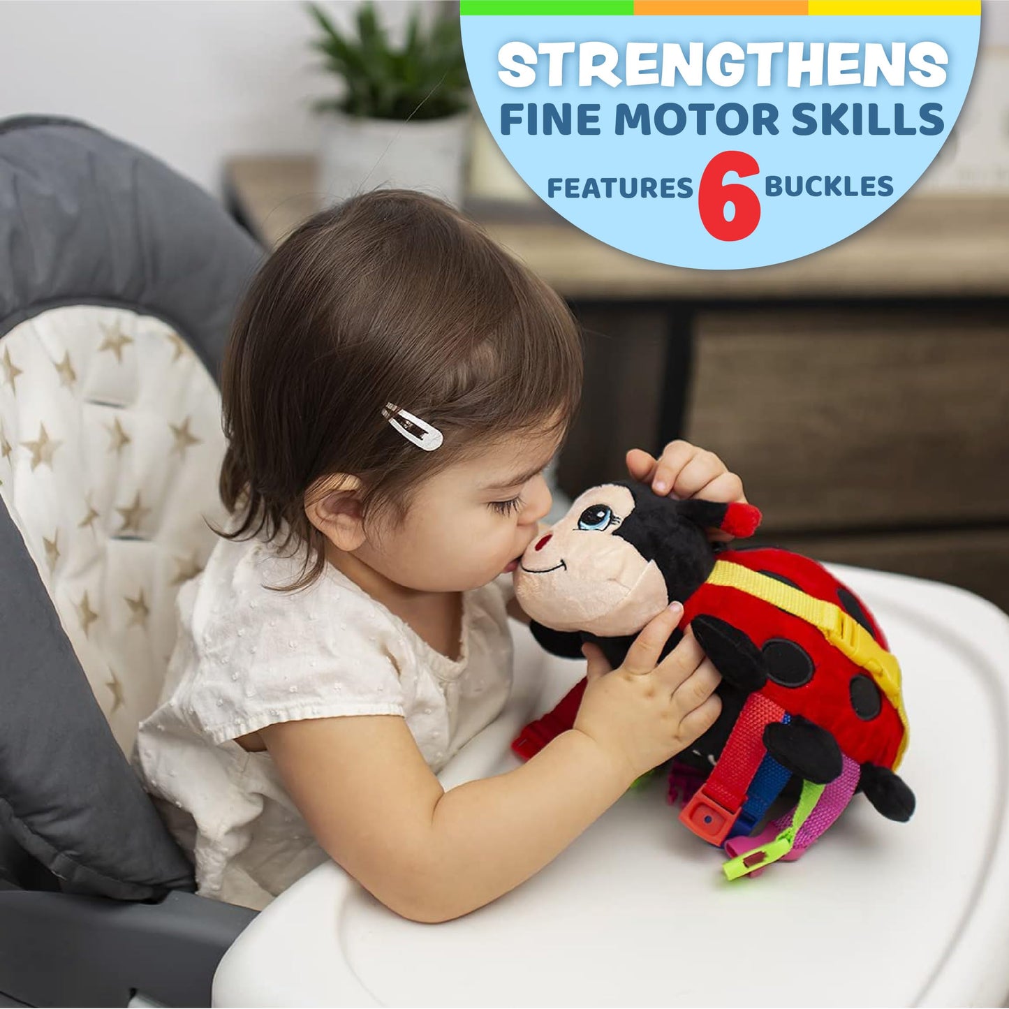 Buckle Toy - Becky Ladybug Stuffed Animal - Montessori Learning Activity Toy - Develop Motor Skills and Problem Solving - Toddler Sensory Travel Toy