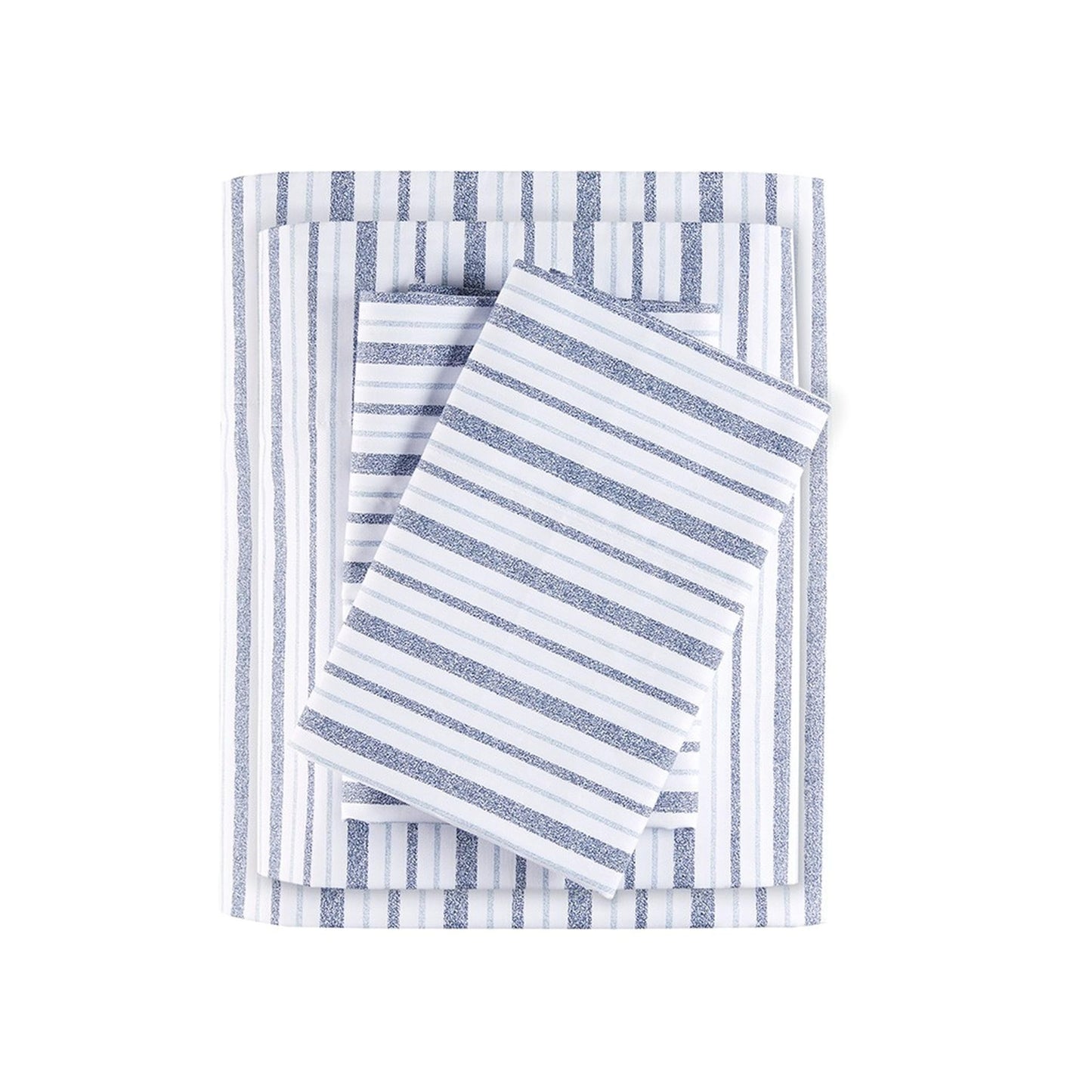 Madison Park 100% Cotton Sheets, Breathable & Soft Cotton Bed Sheets, Printed Design, Elastic Pocket Cotton Sheet Set Fits Up to 17" Mattress, All Season, Queen Blue Stripes 4 Piece