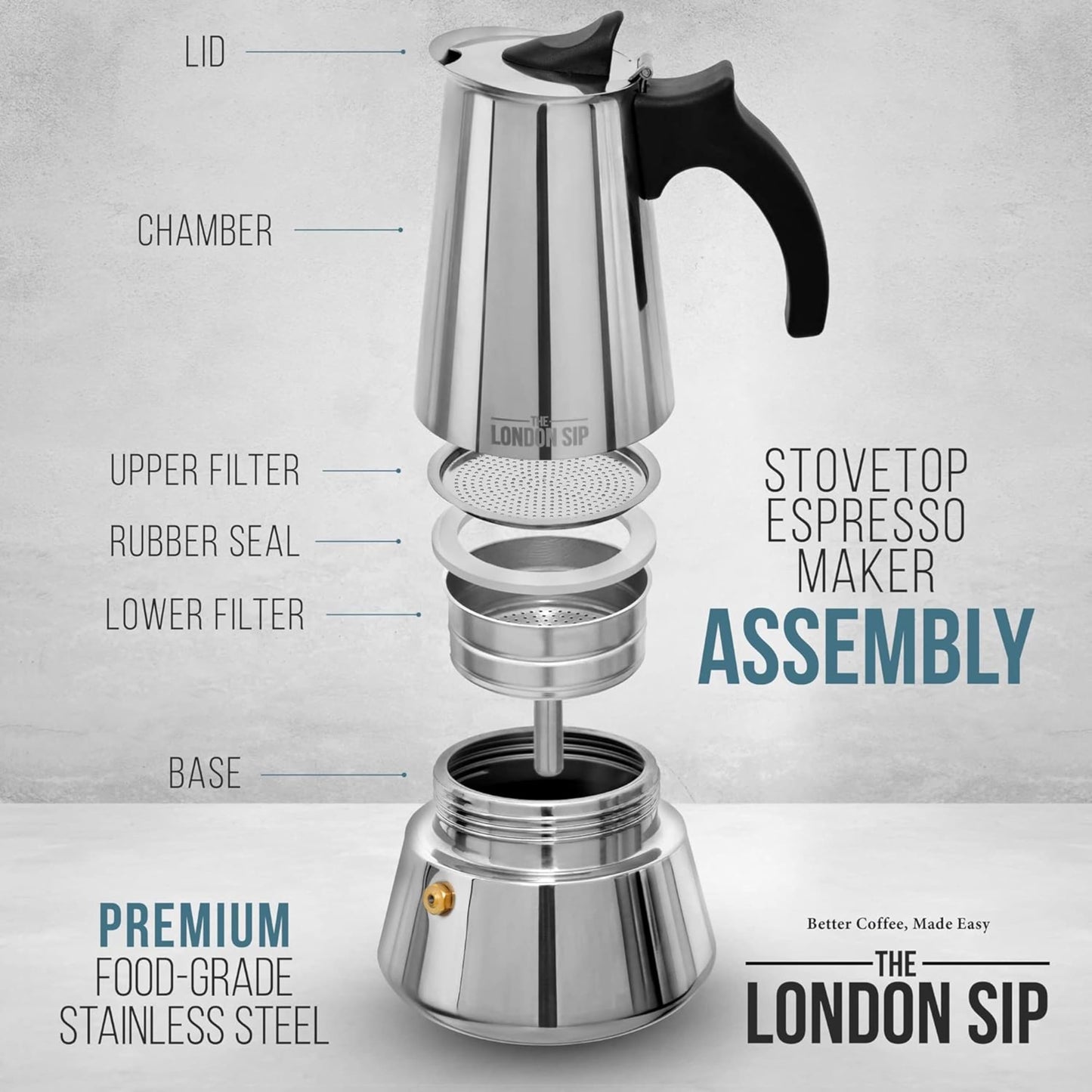 London Sip Stainless Steel Stovetop Espresso Maker Moka Pot Italian Coffee Percolator, Matte Black, 10 Cup