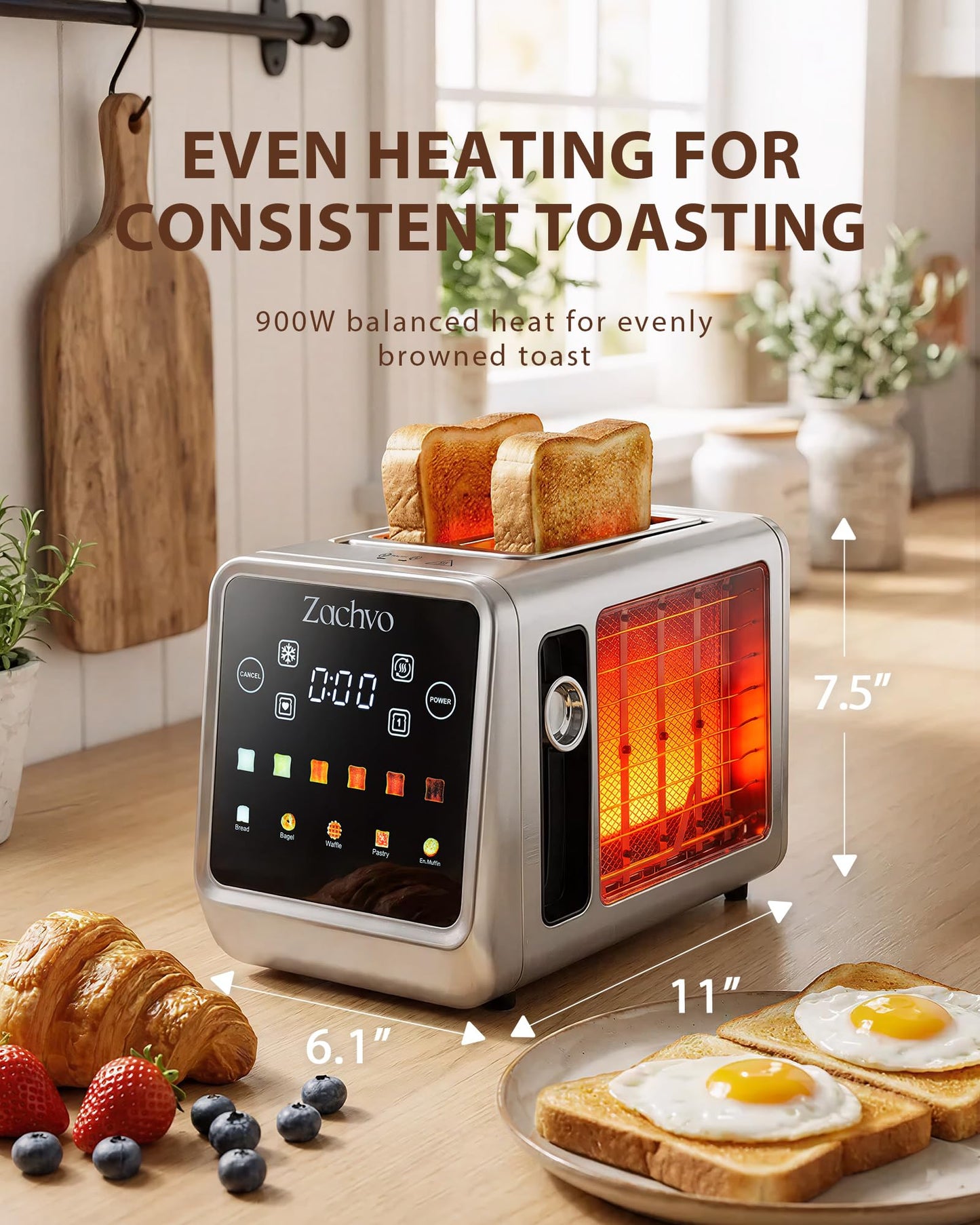 Zachvo 2 Slice Toaster with Smart Touchscreen & Digital Countdown Timer, 1.5" Wide Slot Toaster for Bagels & Bread, 6 Shade Settings, Memory, Defrost & Reheat, Slim Stainless Steel Design for Kitchen