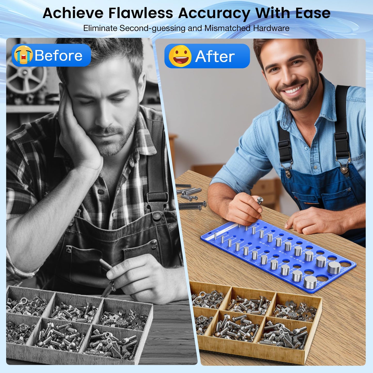44 Thread Checker, Nut and Bolt Thread Checker - 22 Standard & 22 Metric Sizes, Metal Bolt Size and Thread Gauge with Inch & Metal Ruler, Wall-Mountable Bolt and Nut Identifier Gauge for Easy Sizin