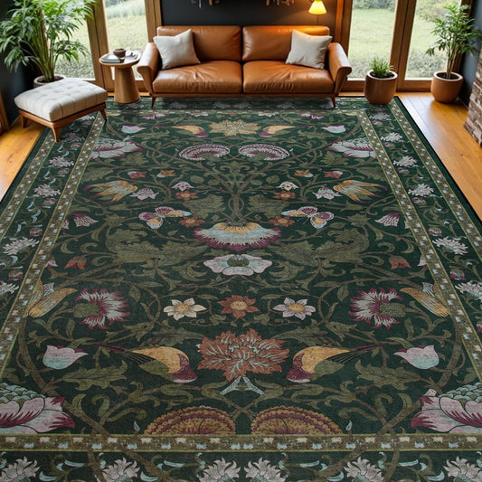 8x10 Large Area Rugs for Living Room Bedroom, Vintage Floral Low-Pile Washable Rug with Non-Slip Backing, Soft Thin Throw Carpet for Dining Room Classroom Dorm Home Decor, Dark Green