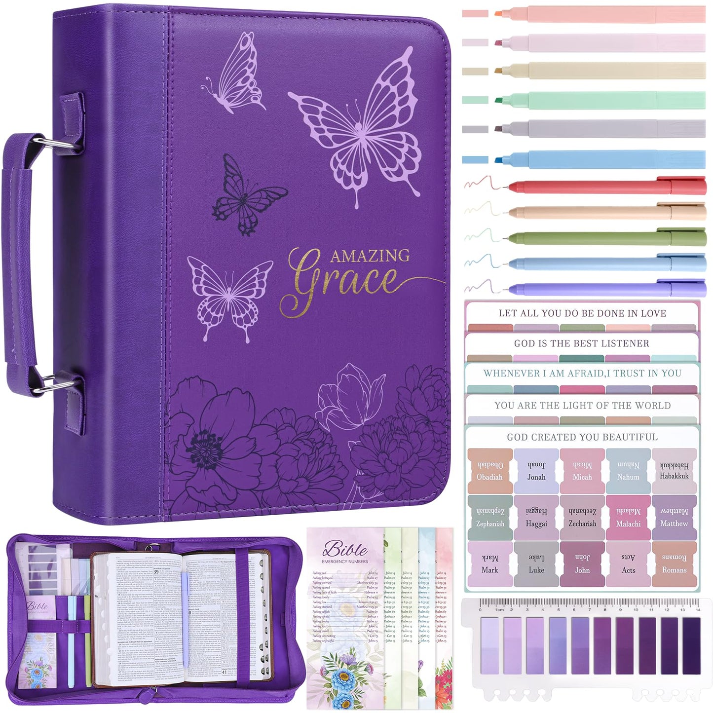 XKDOUS 24 Pcs Bible Cover Cases Set for Woman Study Bible Supplies Accessories Organizer Leather Bible Bag Holder Book Carrying Case w/Handle, Christian Gifts for Mom Women Men Lady