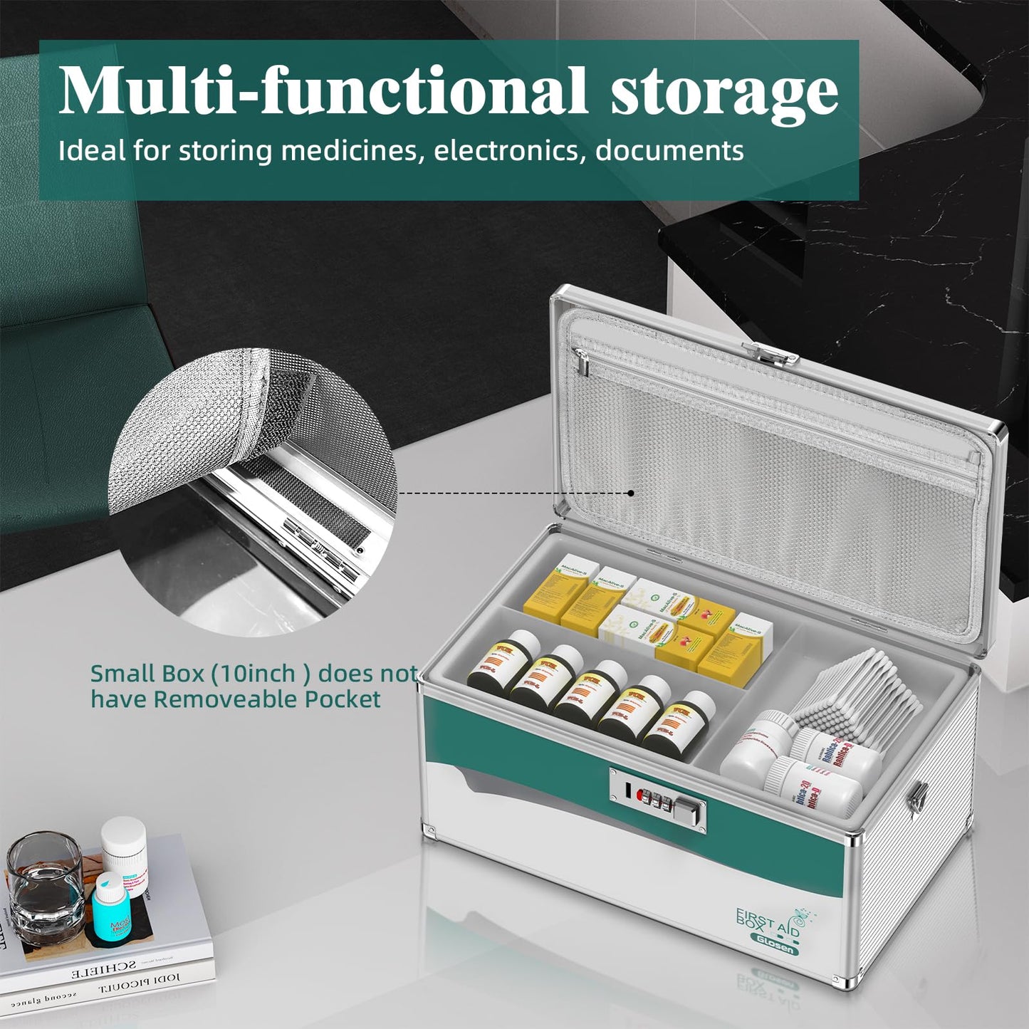 Glosen Medicine Lock Box with Combination Lock,Medication lock box【Extra Large16 x 9.25 x 7.5 Inch】 medicine safe lock box,medical box organizer