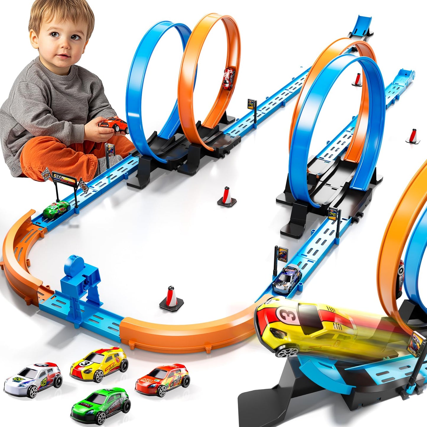 LILYBUDS Toy Car Track Set for Boys Kids Age 3-5 4-7 8-12, Long Race Tracks with 4 Action Loops and 4 High-Speed Slot Cars, 35+ Pieces of Race Track to Create Multiple Configurations