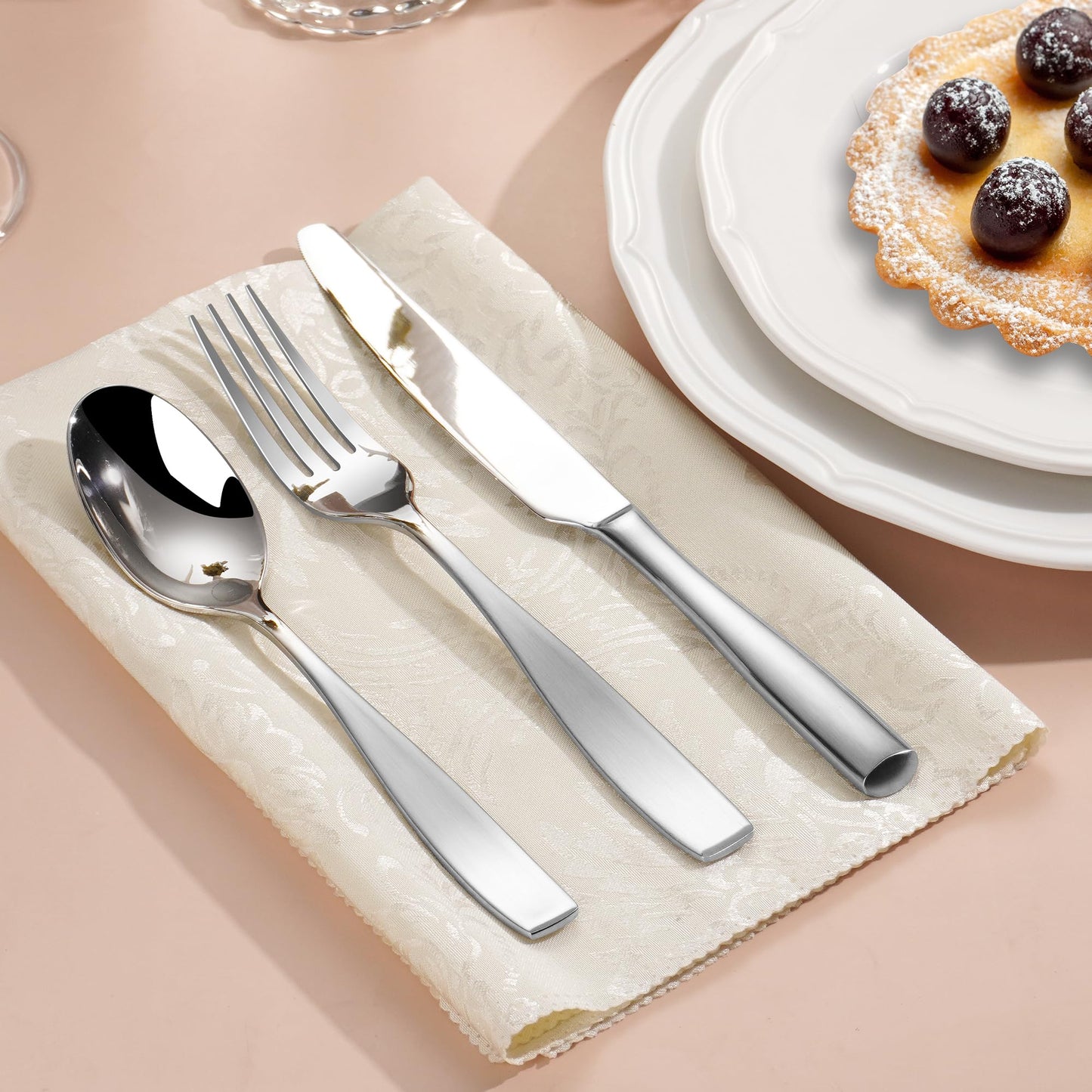 65-Piece 18/10 Stainless Steel Flatware Set for 12, Heavy Duty Silverware Set, Flatware Set with Serving Utensil, High End Mirror Polish and Satin Handle, Dishwasher Safe, Ideal for Gift
