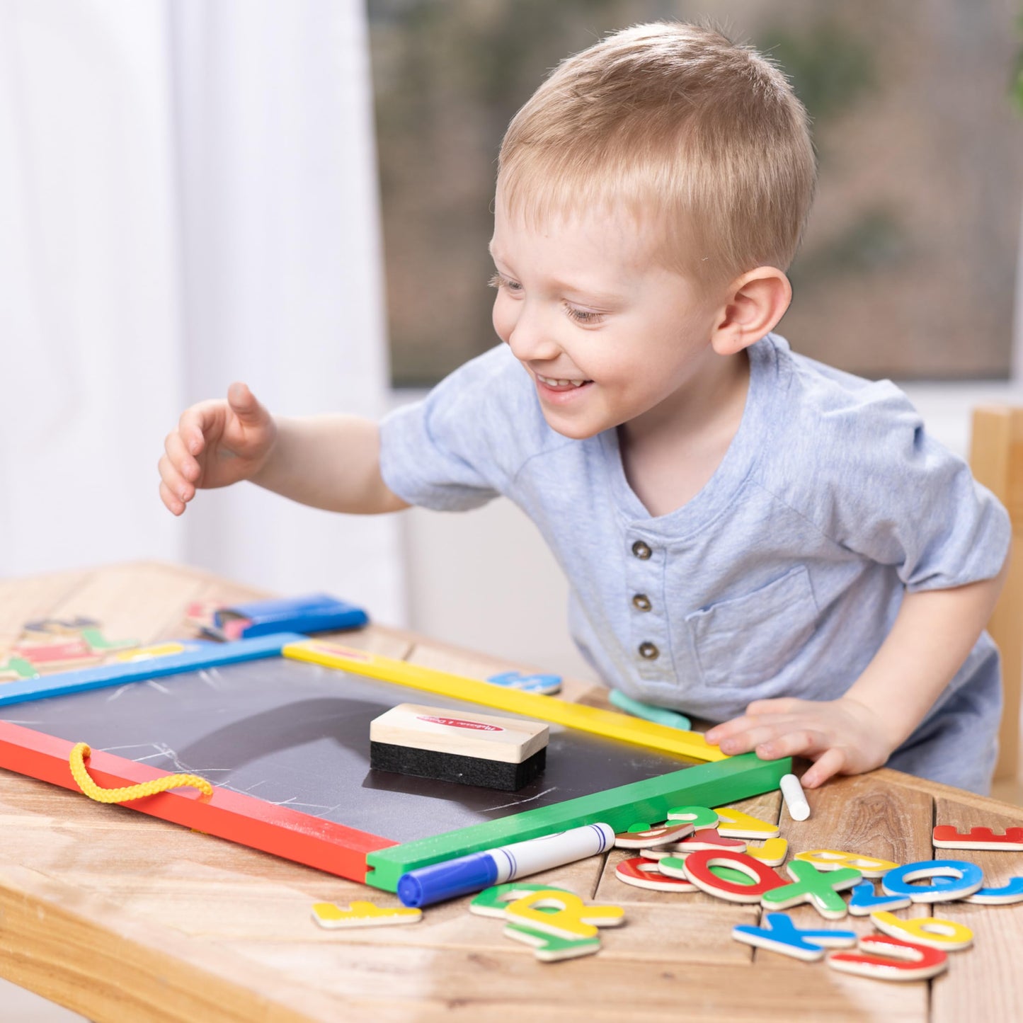 Melissa & Doug Magnetic Chalkboard and Dry-Erase Board with 36 Magnets (Numbers and Uppercase Letters), Chalk, Eraser, and Dry-Erase PenLetters and Numbers Learning Toys, Chalk Board
