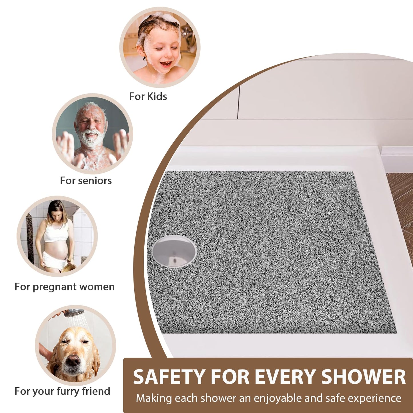 Extra Large Non Slip Shower Mat: 47.2x31.5 inch Loofah Shower Mat for Inside Shower with Drain Hole in Middle, Soft PVC Anti-Slip Shower Stall Mats for Bathroom,Wet Area, Quick Drying