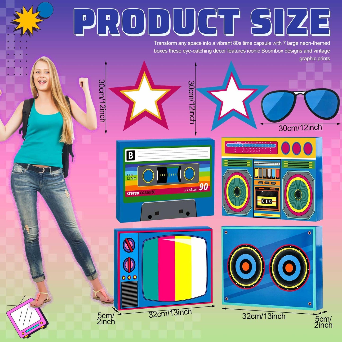 Weekgrat 7 pcs Large 80s 90s Party Decorations 3D Hip Hop Favor Set Paper Boombox Cassette Boxes for Retro Back to 1980s 1990s Theme Birthdays Music Neon Decoration