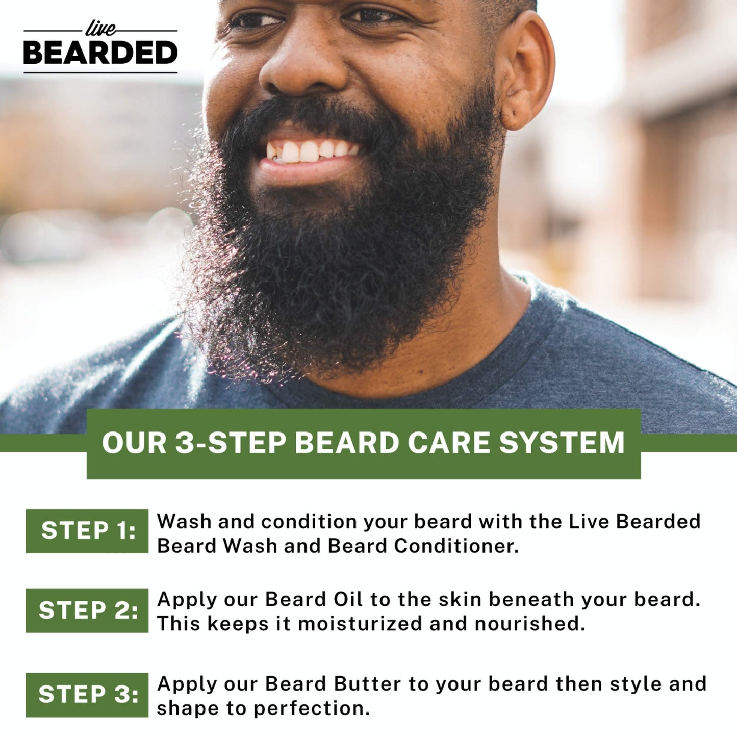 Live Bearded 3-Step Beard Grooming Kit - Wash, Oil and Butter - Made in the USA - All-Natural Ingredients with Shea, Jojoba - Growth Support | Legend Scent - Sandalwood, Vanilla