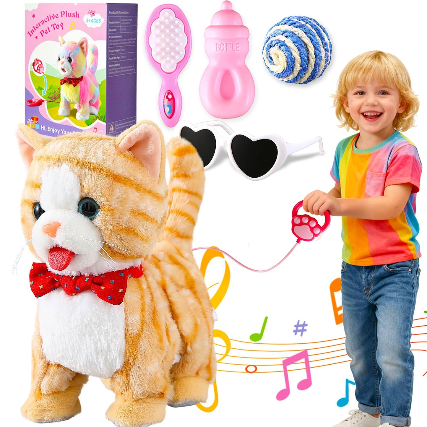 Yellow Pattern Leash Walking Cat Set Interactive Talking Toy Singing Dancing Kitten Mimicking Repeat What You Say Kitty Touch and Voice Control Nodding Wagging Tail Plush Electric Robot for Kid Girl