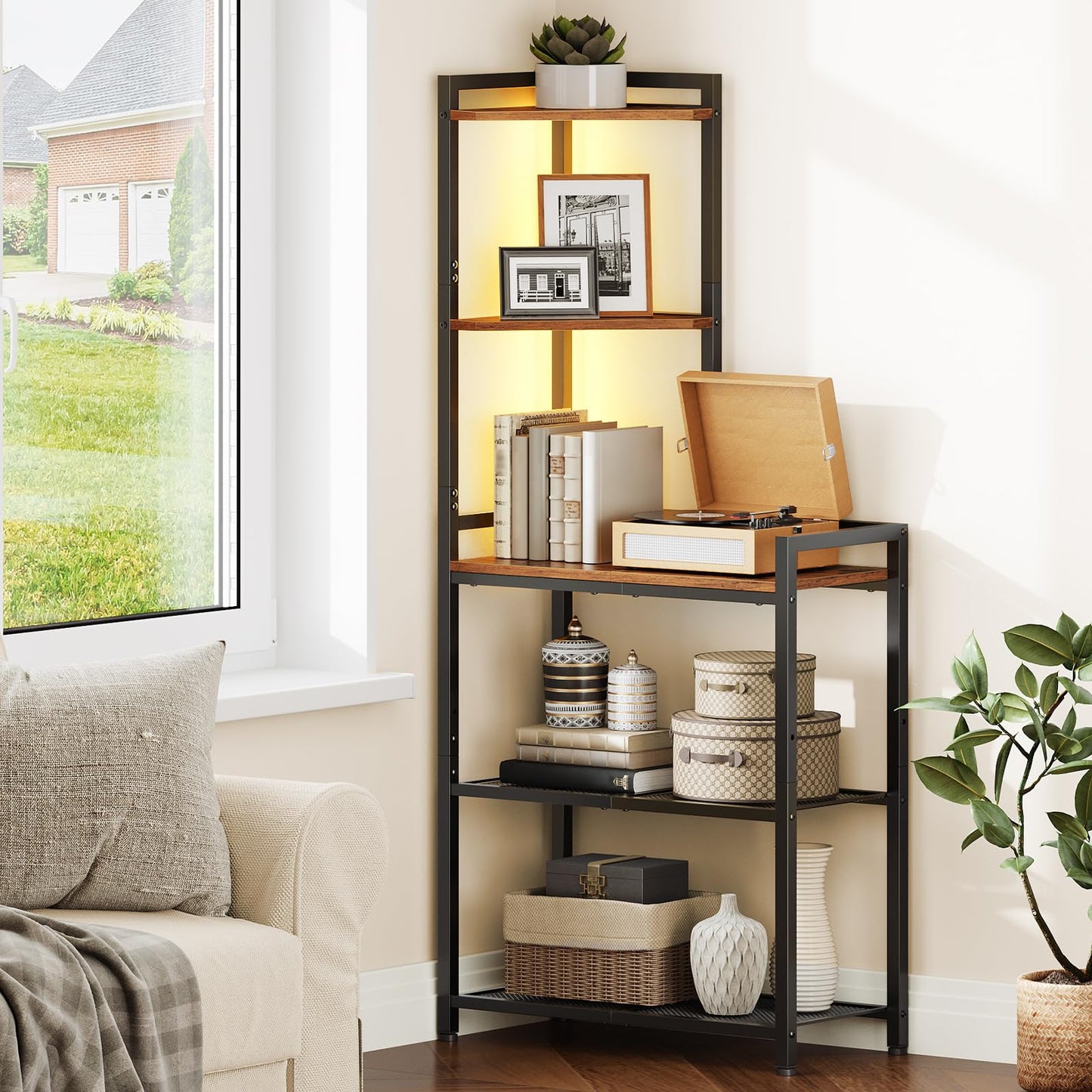 HOOBRO 5-Tier Corner Shelf Stand, Corner Shelf with LED Light, 56.3" Tall Corner Bookshelf, Display Rack Storage Organizer with Table, for Small Spaces, Living Room, Entryway, Rustic Brown BF69DCJ01