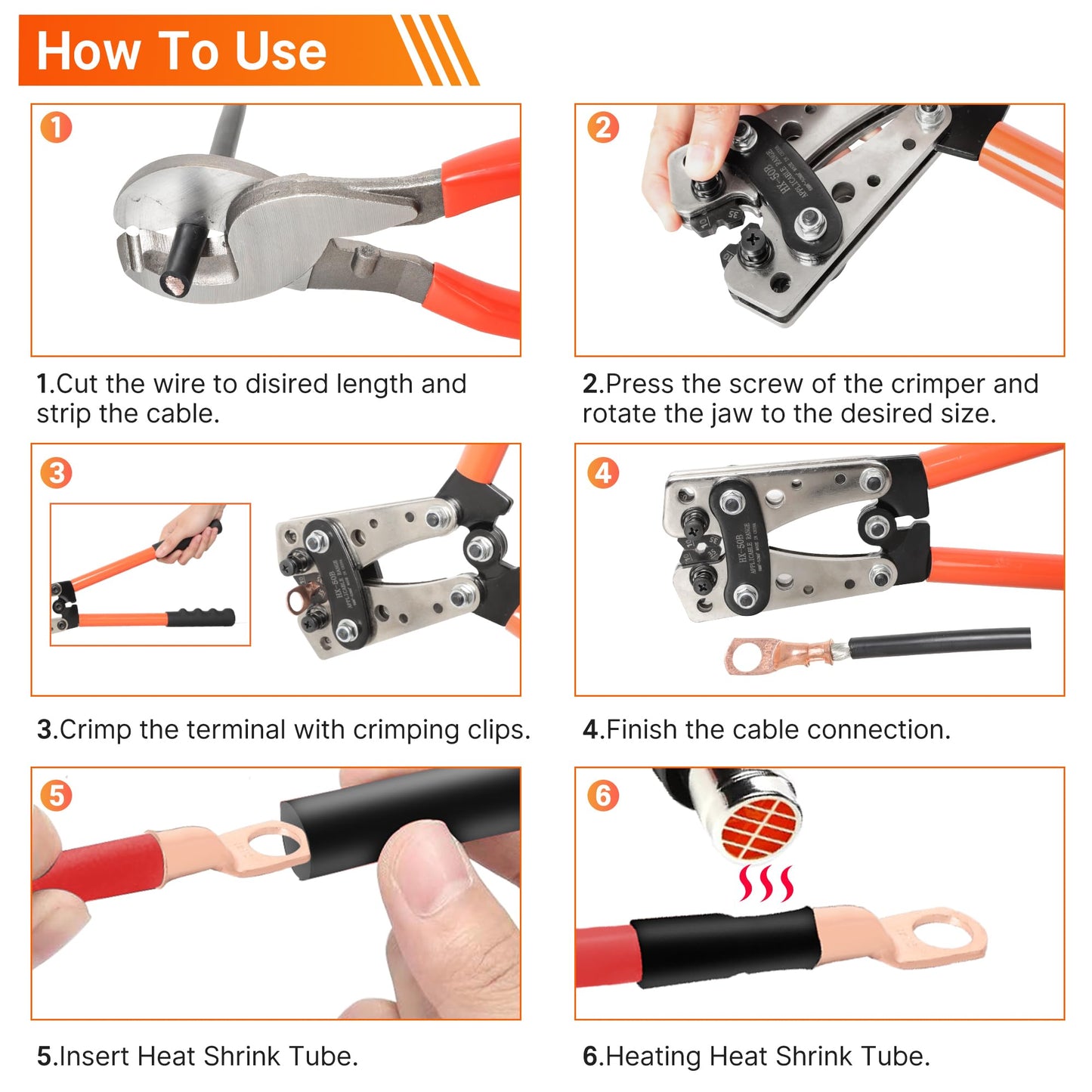 Kuject Battery Cable Lug Crimping Tool Kit with Copper Wire Lug AWG 1 2 4 6 8 1/0 Gauge, Wire Crimper for AWG 10-1/0 with Cable Cutter, 110PCS Battery Cable Ends with 110PCS 3:1 Heat Shrink Tubing
