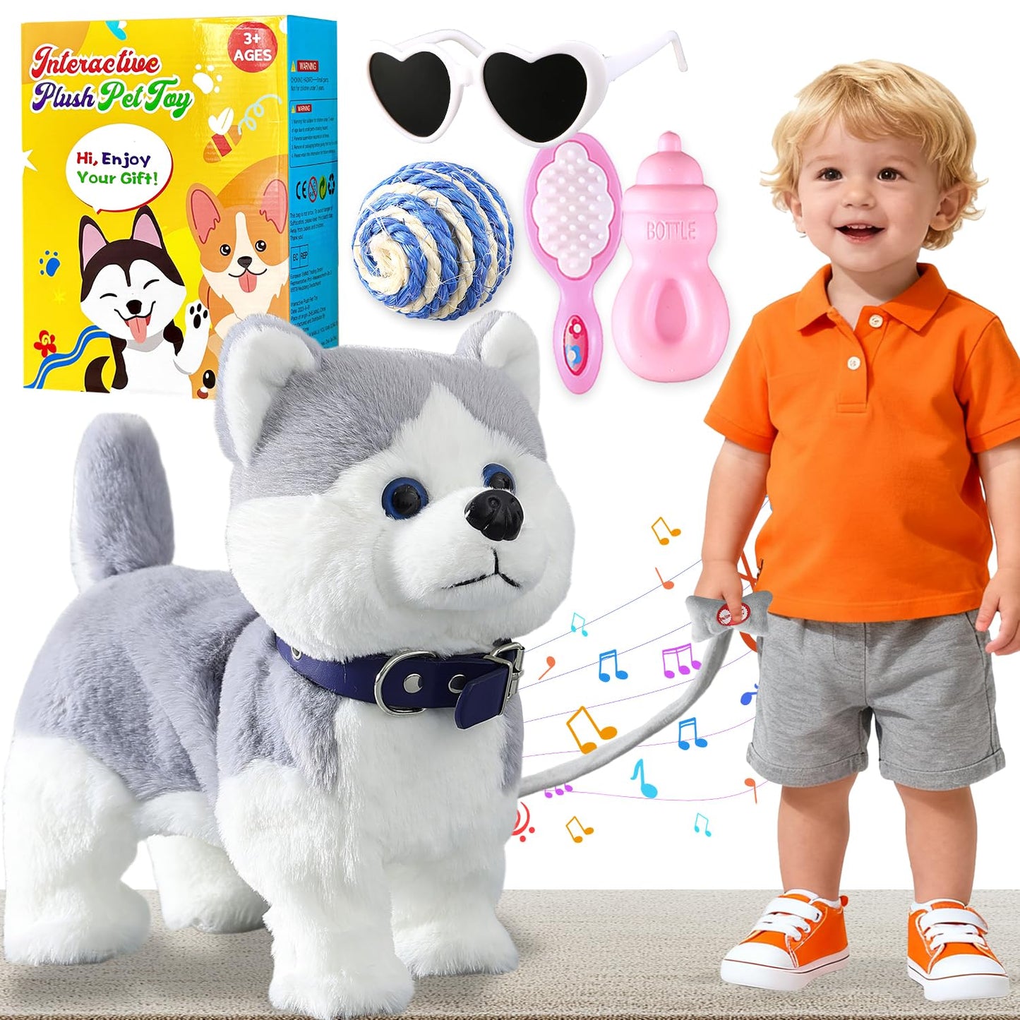 Husky Walking Dog Barking Toy, Musical Singing Dancing Dog, Volume Control Interactive Puppy Walk Along with Leash, Wagging Tail Shaking Head, Robot Dog Plush Stuffed Animal Puppy