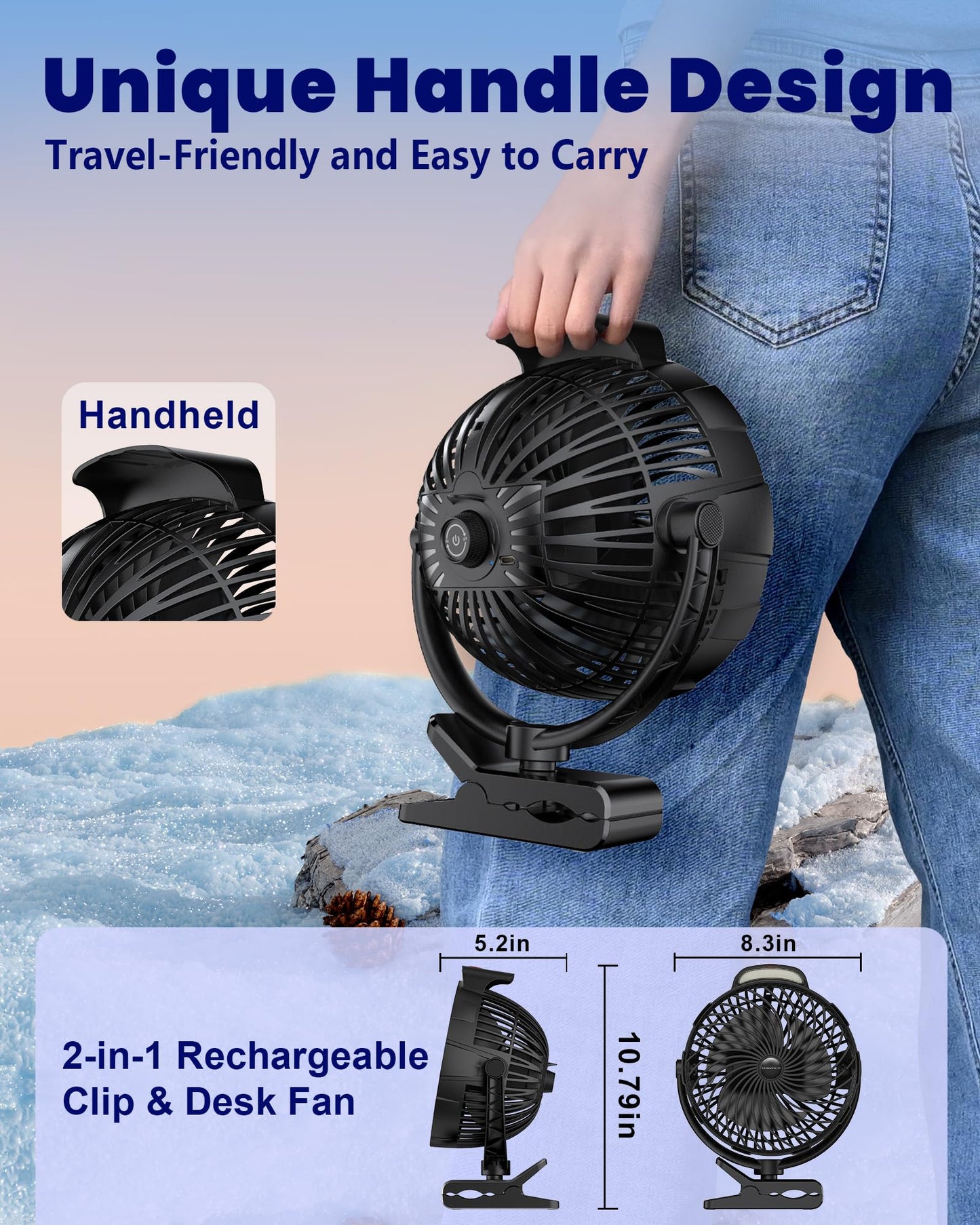 Tenvolti 10000mAh Clip on Fan, 8-Inch Golf Cart Fan Rechargeable with LED Light, 9 Speeds Strong Airflow, Ultra Quiet, 30Hrs Runtime, 360° Rotation, Cooling for Bed Camping Office Desk Dorm, Black