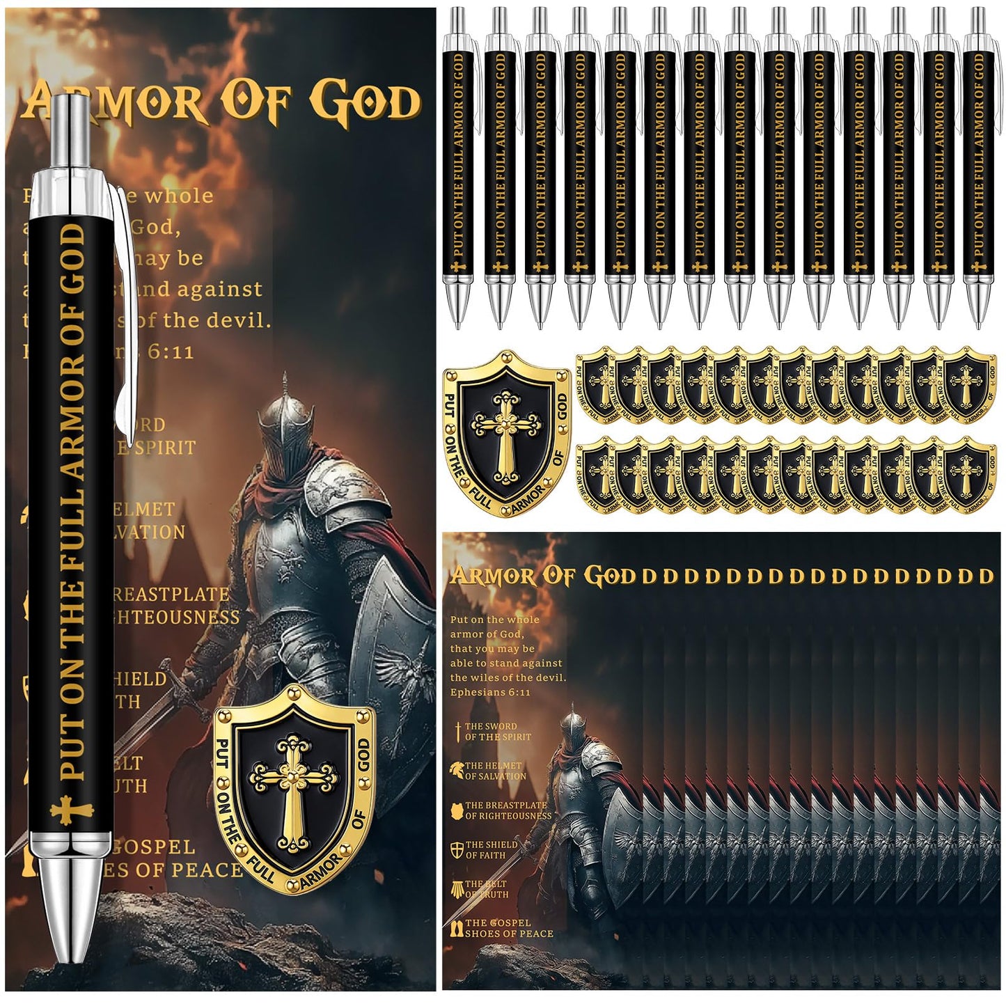 Sayglossy 200 Pcs Armor of God Gifts Bulk, Fathers Day Christian Church Gifts Ballpoint Pen and Inspirational Bookmark, Pins, Opp Bags for Men Pastor Church Group