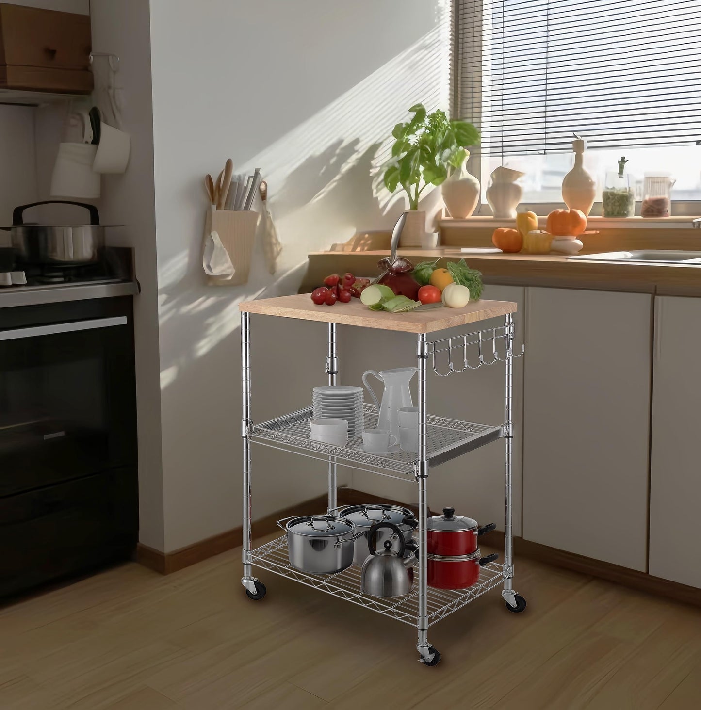 Finnhomy 3-Tier Rolling Kitchen Cart, Microwave Cart with Oak Wood Tabletop and Drawer Slider, Coffee Cart & Food Service Cart with Hooks, Chrome