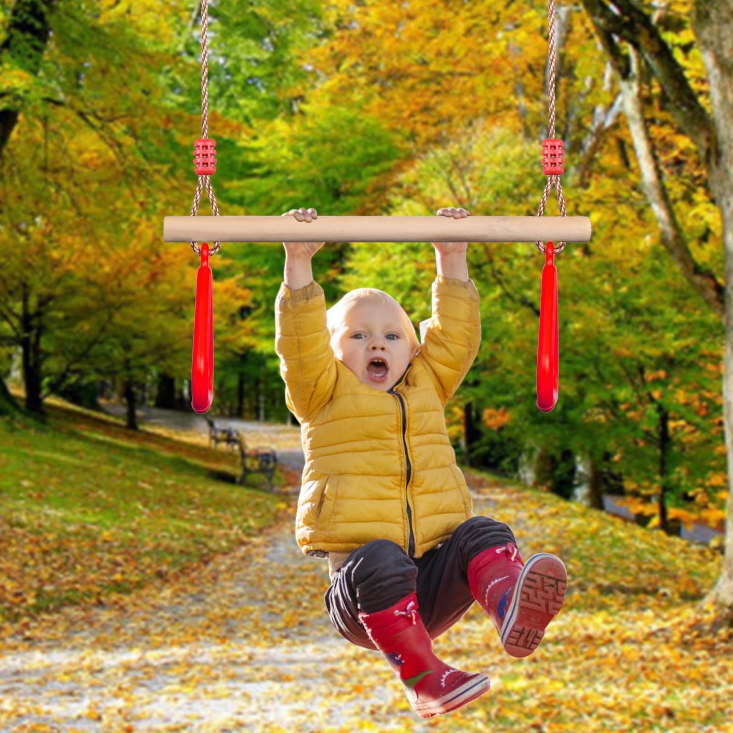 PELLOR Playground Children's Wooden Trapeze Swing Bar with Plastic Gym Rings Swing Set for Indoor & Outdoor Fun