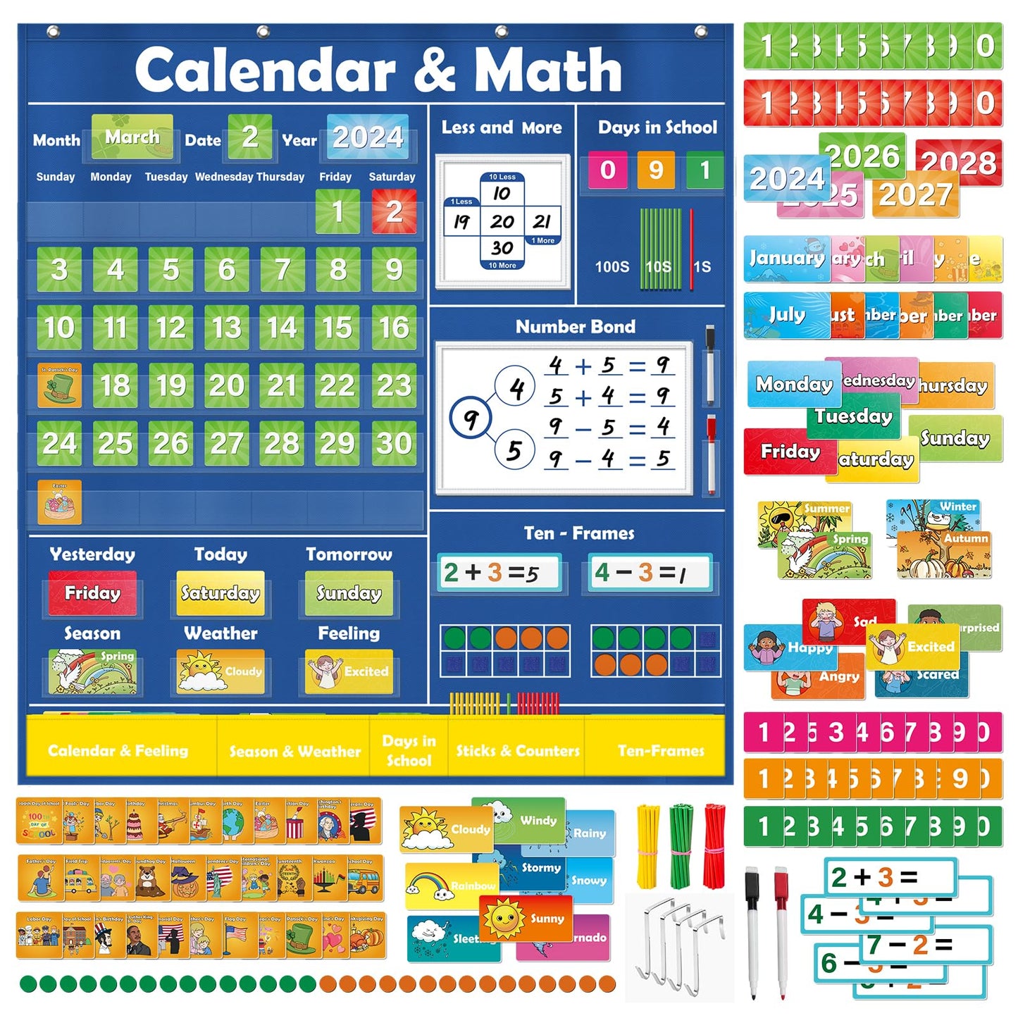 Quilinz Pocket Chart for Classroom,Toddler Preschool Classroom Math Calendar,Circle Time Learning Center,Math Manipulatives,Addition and Subtraction Games,Homeschool Supplies,Classroom Must Haves