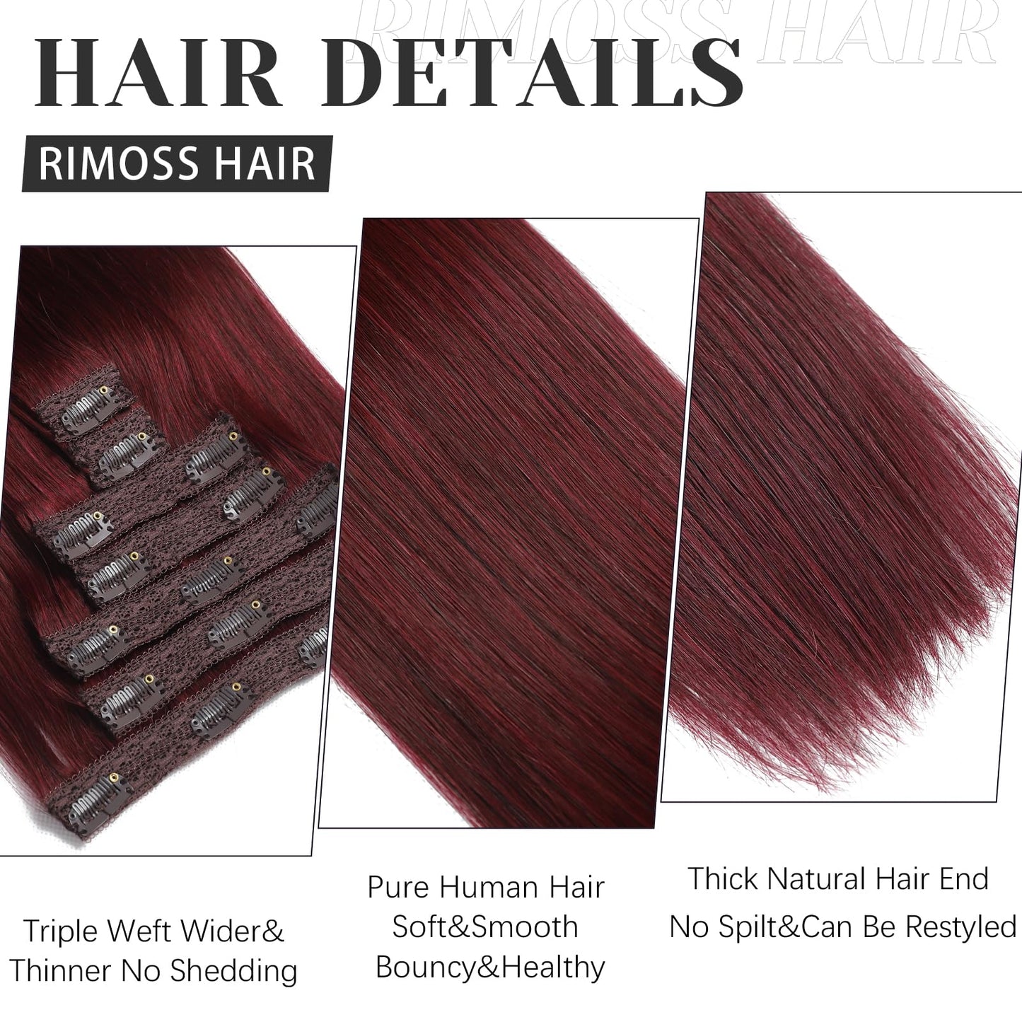Rimoss Clip in Hair Extensions Real Human Hair, Soft Burgundy Red Hair Extensions Real Human Hair Clip ins Straight, Premium Thick 7pcs Remy Human Hair Clip in Extensions for Women (#99J 18 Inch)