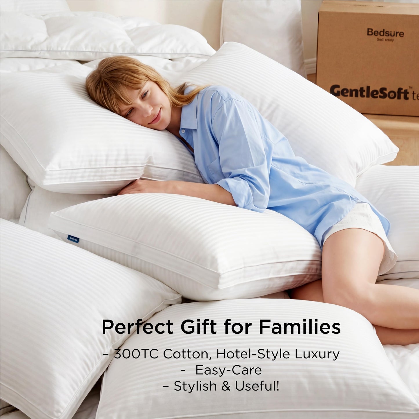 Bedsure Bed Pillows Queen Size Set of 2, Hotel-Quality Down Alternative Gusseted Pillows, PureWoven 100% Cotton Shell, Dual Chamber Construction for Fluffy Support, Ideal for Back & Stomach Sleepers